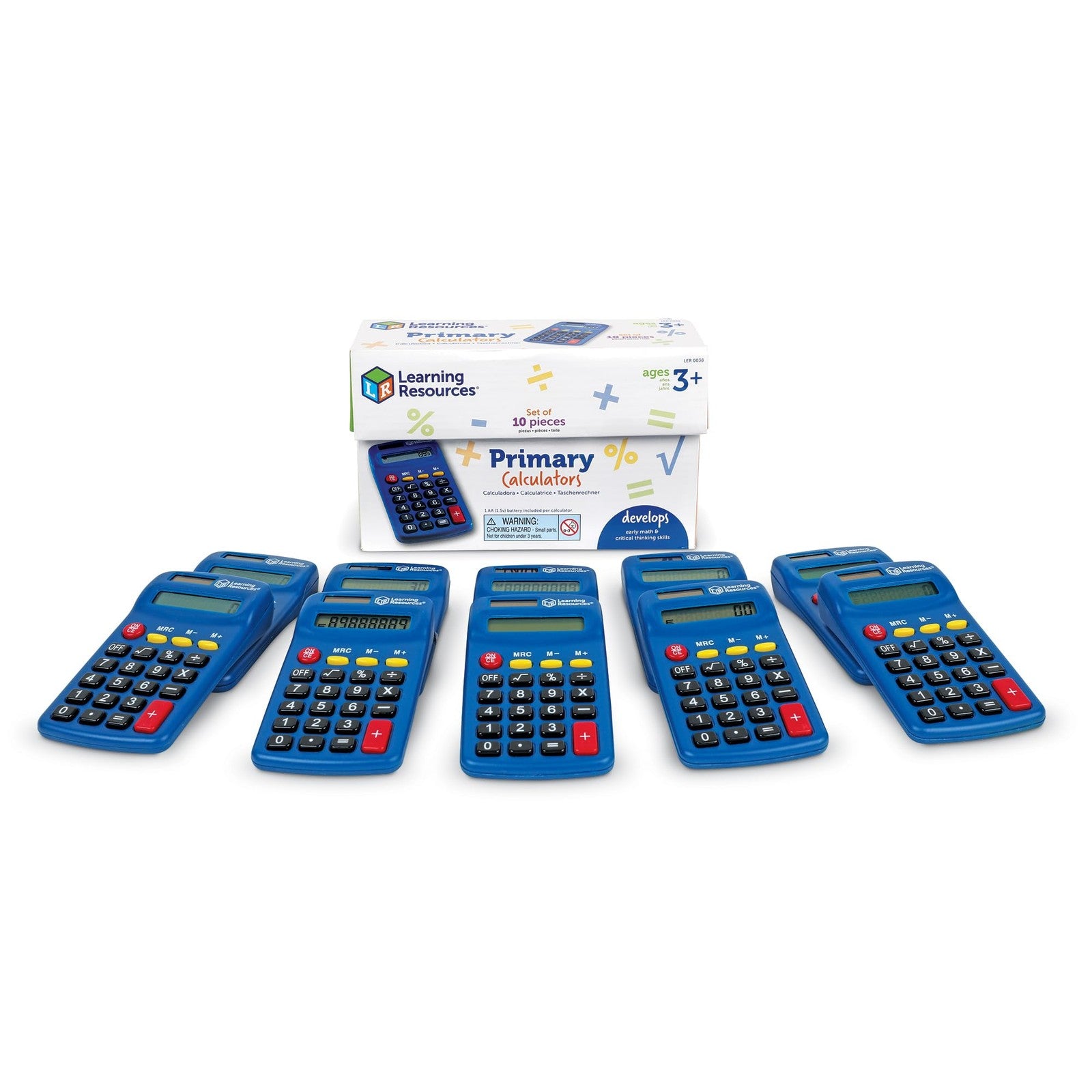 Primary calculator from Learning Resources with solar panel and battery, designed for basic math calculations and student use.