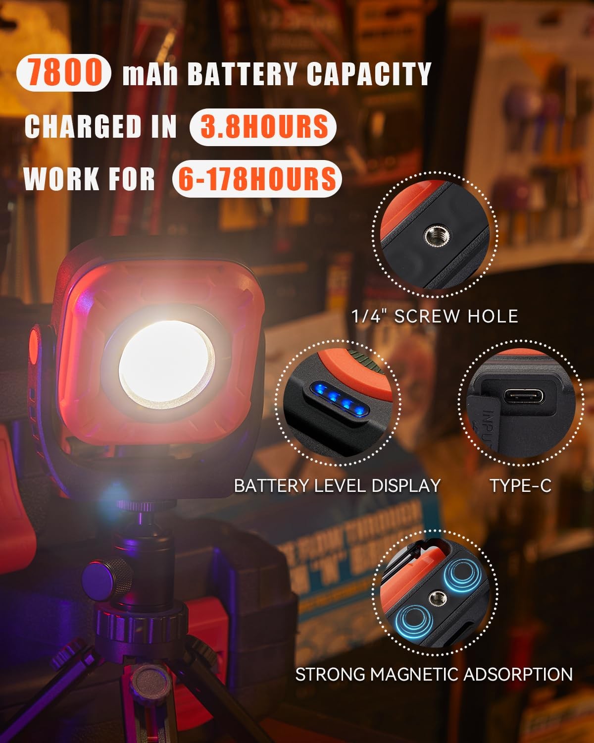 SUNREI 1300LM LED magnetic work light with stepless dimming and 7800mAh COB mechanic, showing the compact design and adjustable brightness.