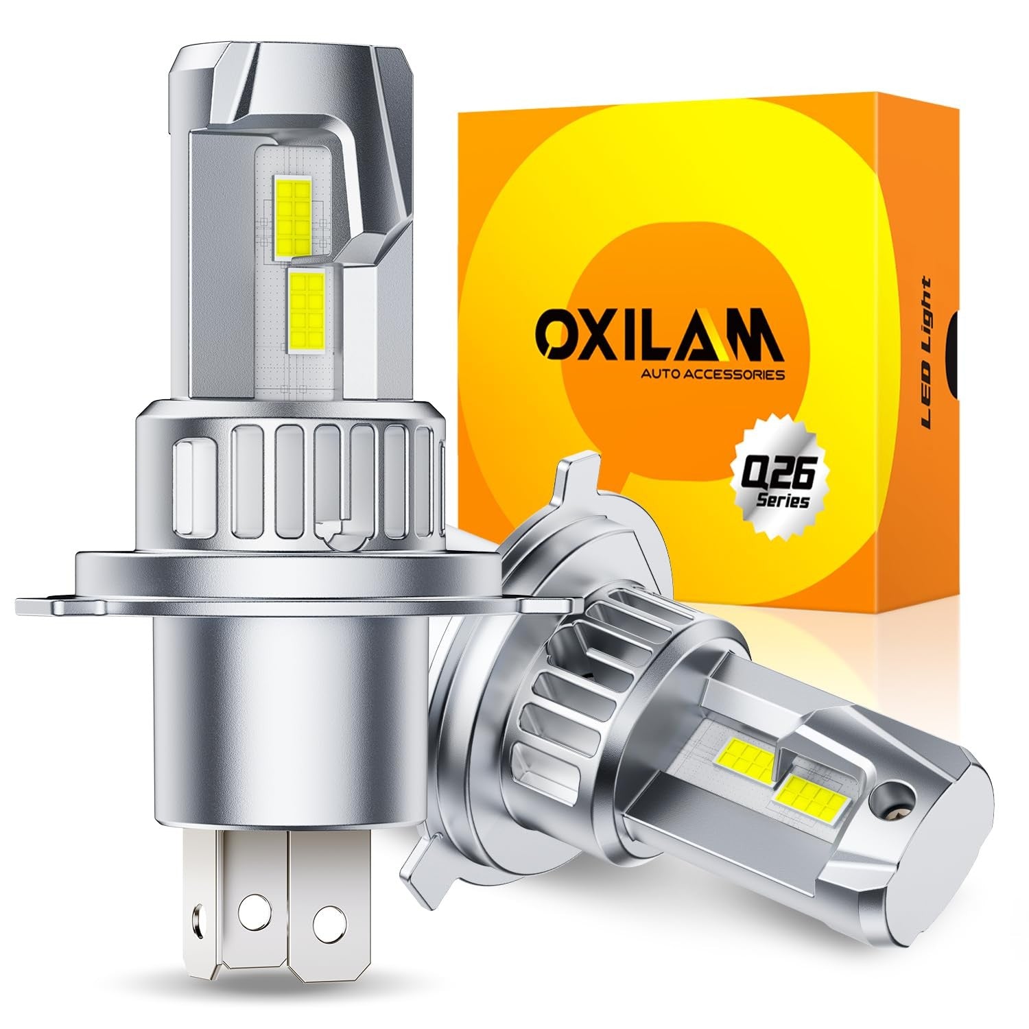 OXILAM H4 9003 HB2 fog bulbs with cool white 6500K color and 32000 lumens brightness, showcasing the bulb design and packaging.