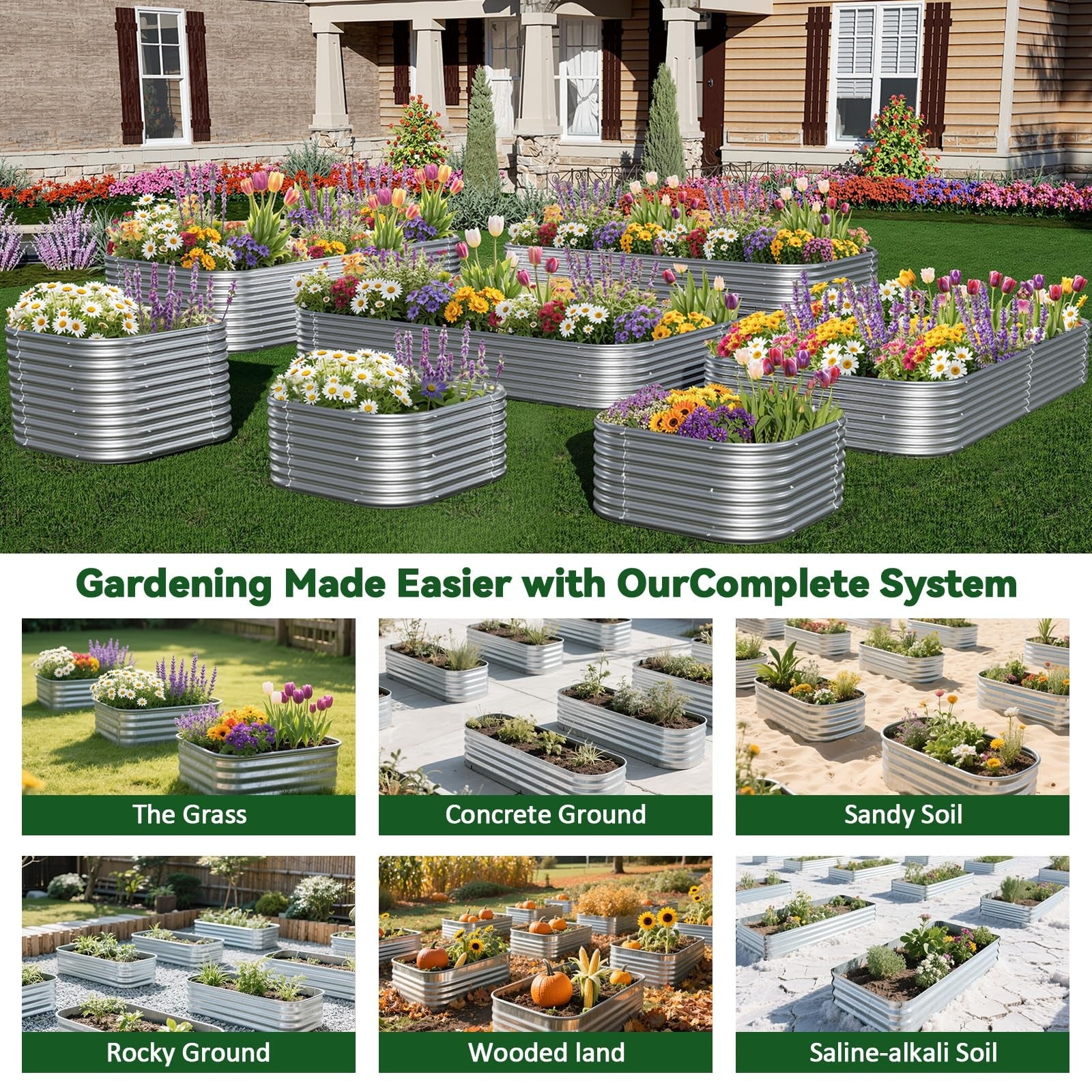Three galvanized steel raised garden beds, 4x2 feet, with tall 4x2 ft corrugated metal design for gardening.