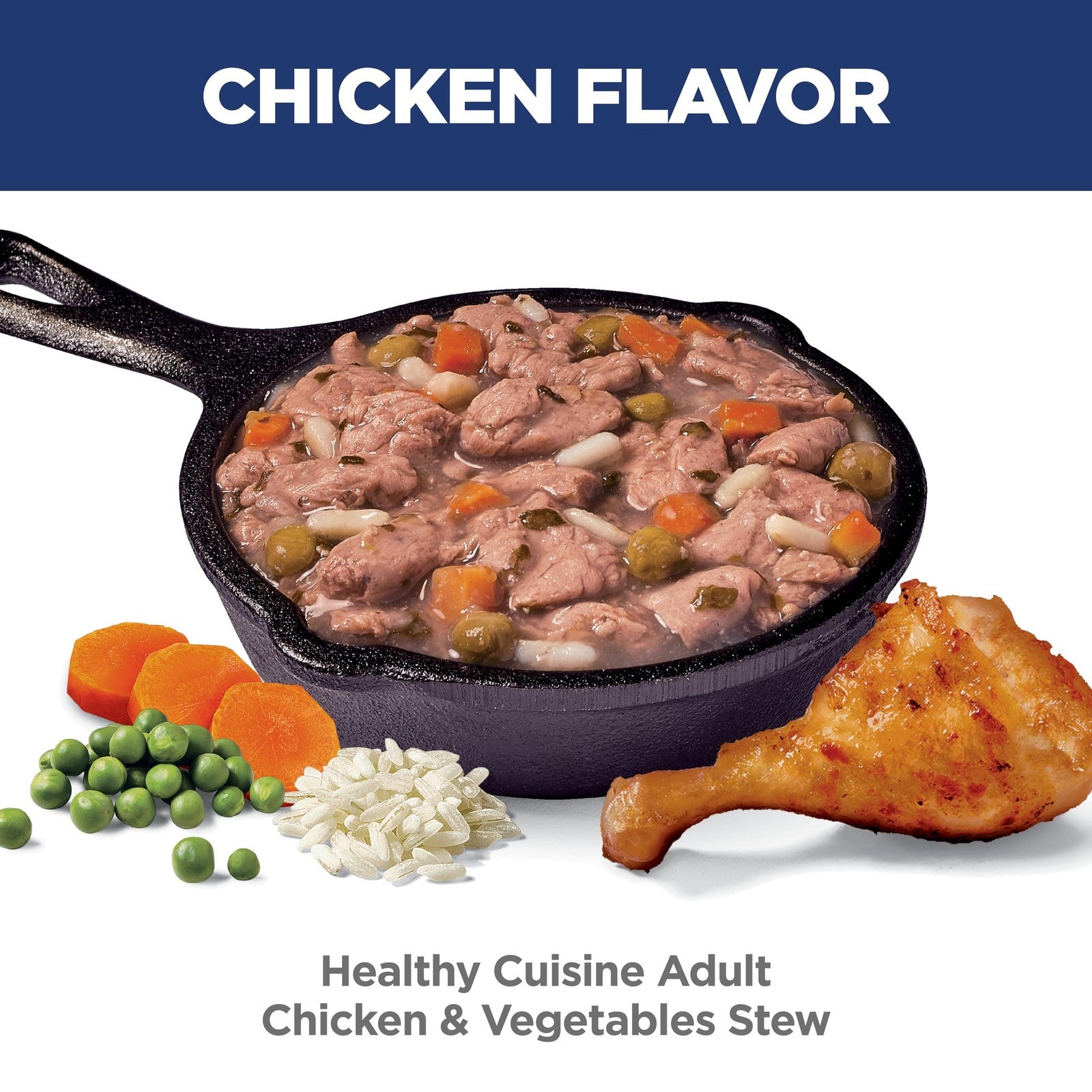 Canned Hill's Science Diet Adult 1-6 Healthy Cuisine wet dog food with chicken and vegetables in a silver bowl.