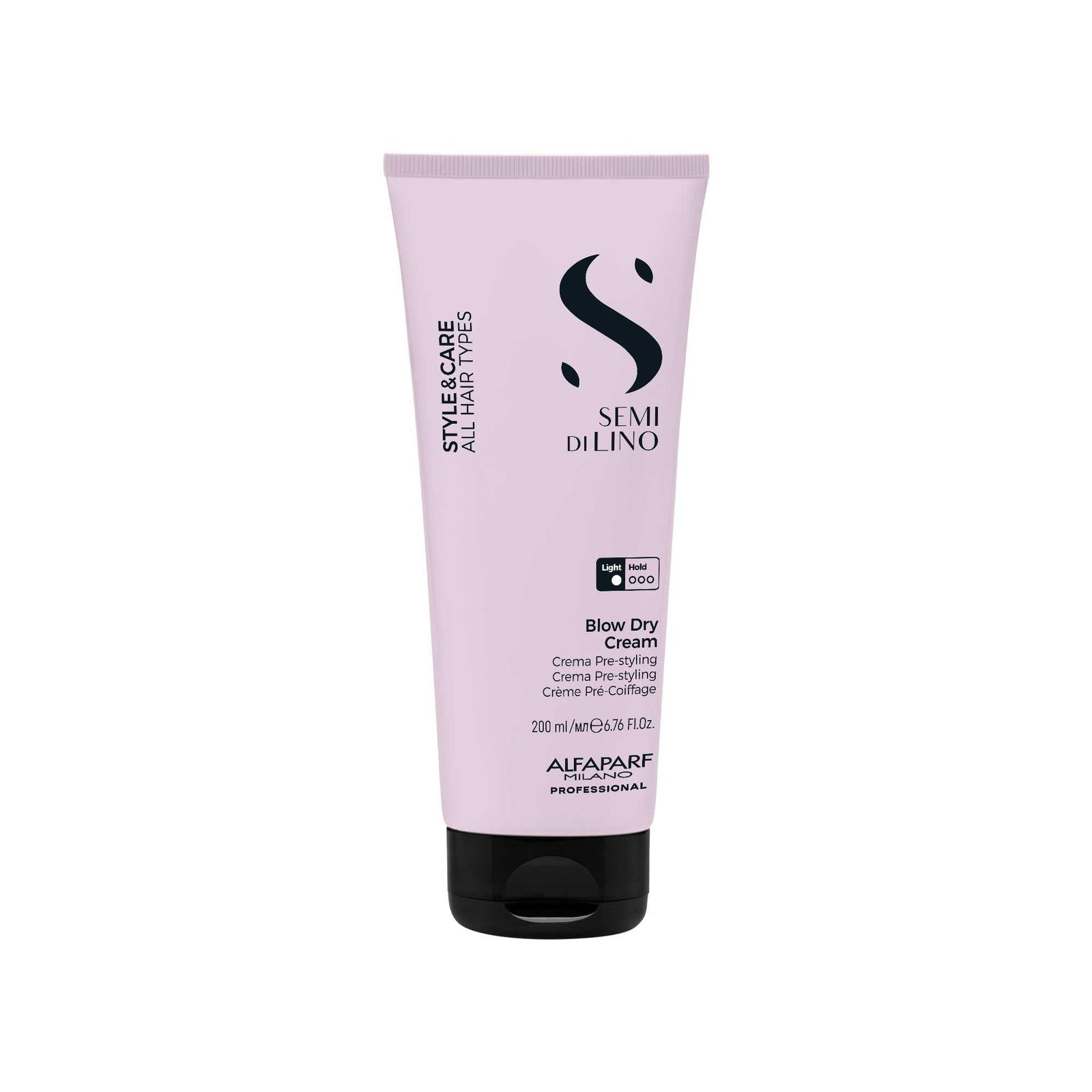 ALFAPARF MILANO Semi di Lino Style & Care Blow Dry Cream with light hold, shown in a sleek container for styling and care.
