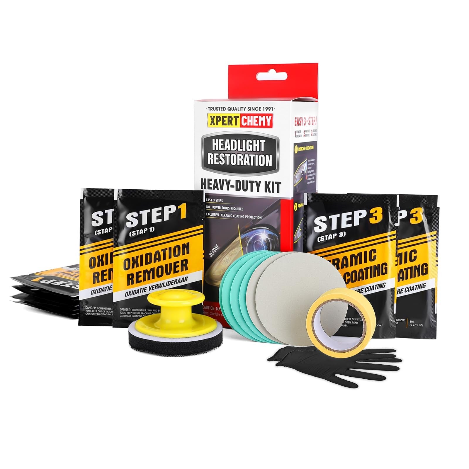 XPERTCHEMY headlight restoration kit with yellowing and clouding remover for restoring clarity to car headlights.