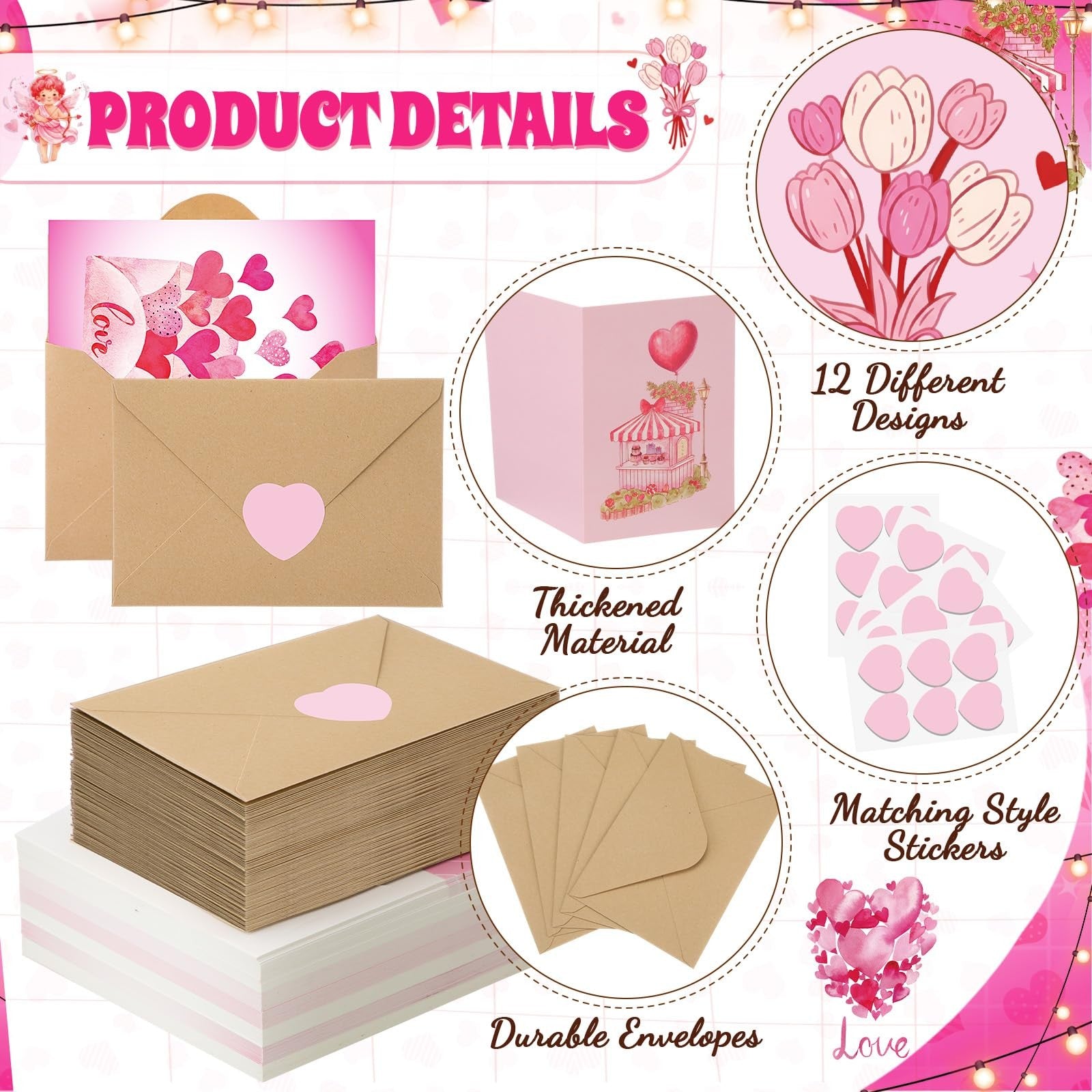 Tenceur 240-piece Valentine greeting card set with pink love heart designs and envelopes for celebrating Valentine's Day.