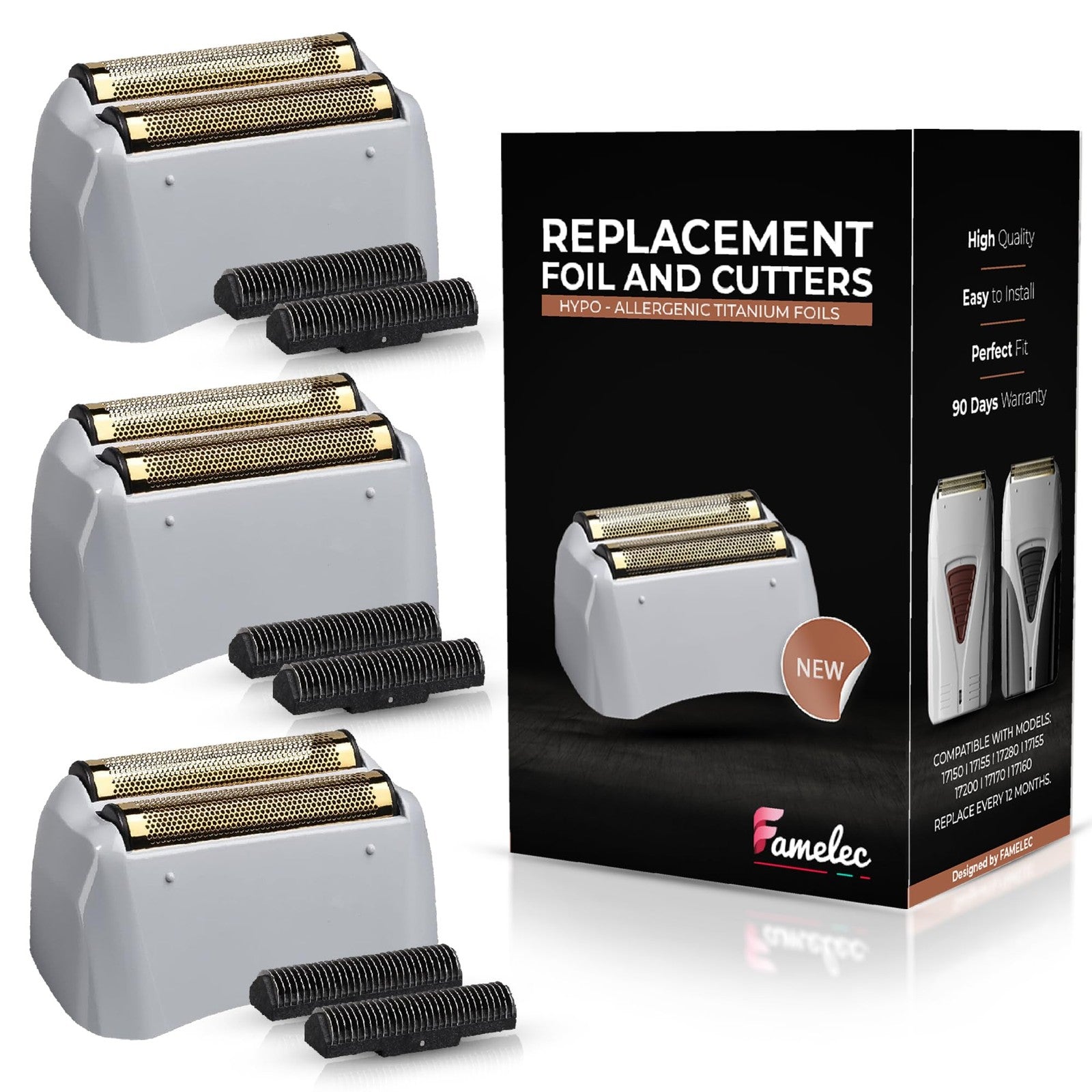FAMELEC replacement shaver heads for Andis Pro-Foil and Lithium shavers, featuring super soft gold foils and precision cutting edges.