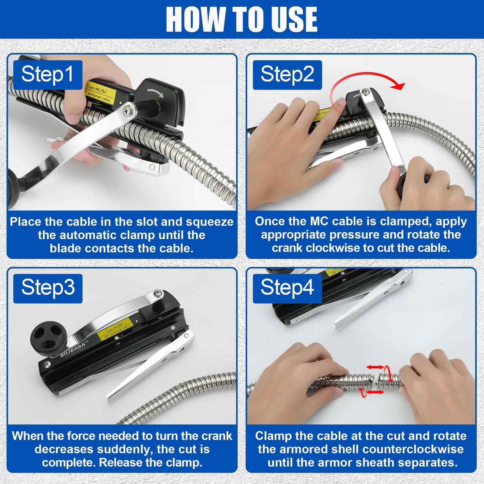 Blibaba Greenfield armored and BX cable cutter, easy-assembly tool for MC cables from 3/16 inch to 1 inch diameter, with sharp cutting blades.