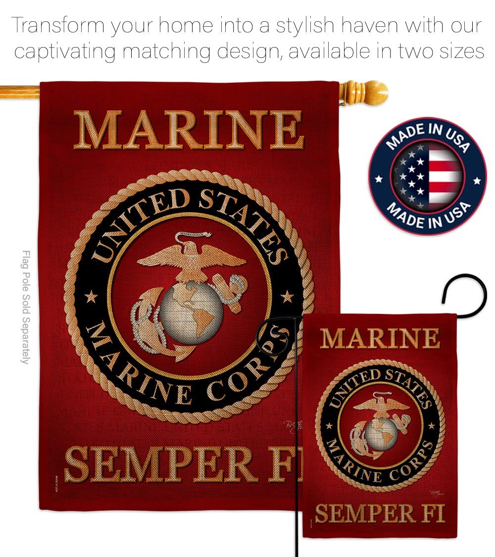 Marine Corps burlap garden flag by Breeze Decor featuring USMC logo, ideal for armed forces outdoor decoration.