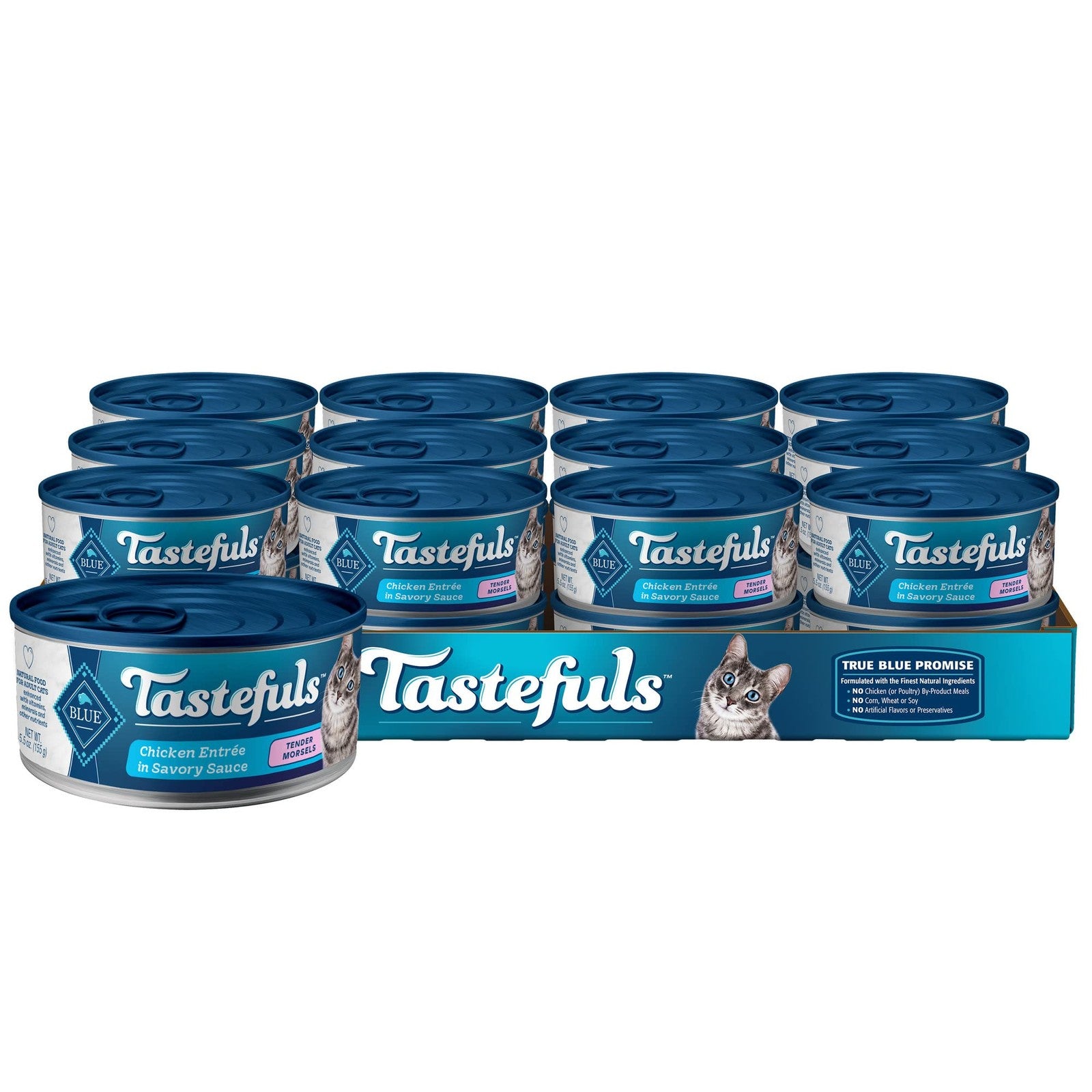 Blue Buffalo Tastefuls Natural Tender Morsels Wet Cat Food with chicken in a 5.5-ounce can, showing the moist cat food inside.