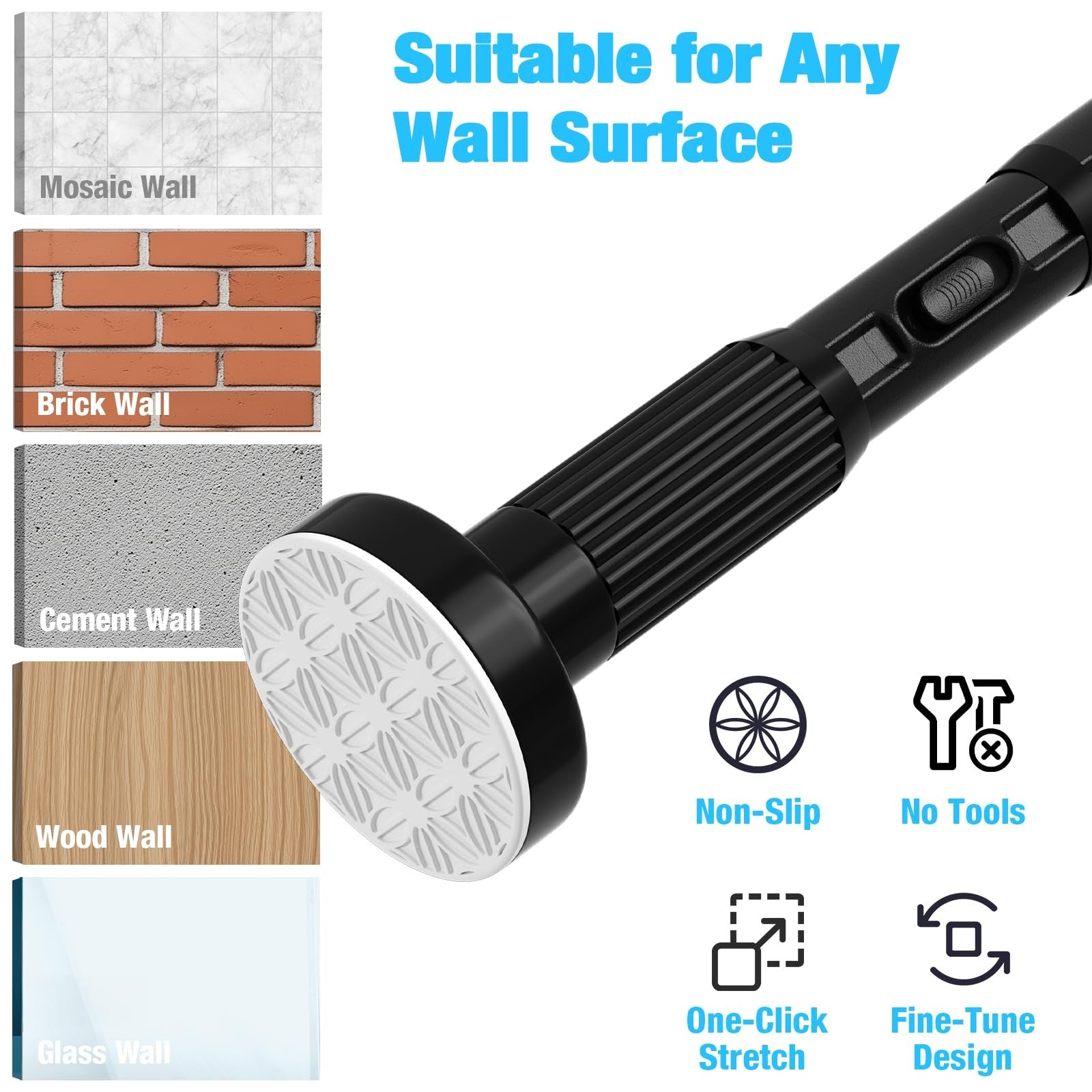 MEXAU Black Tension Curtain Rod for windows, heavy-duty adjustable tension rod extending 41 to 185 inches, ideal for versatile window decor.