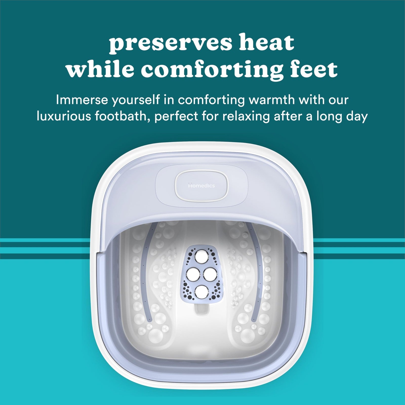 Homedics Smart Space Essential collapsible footbath with bubble massage, compact design for soothing foot therapy.