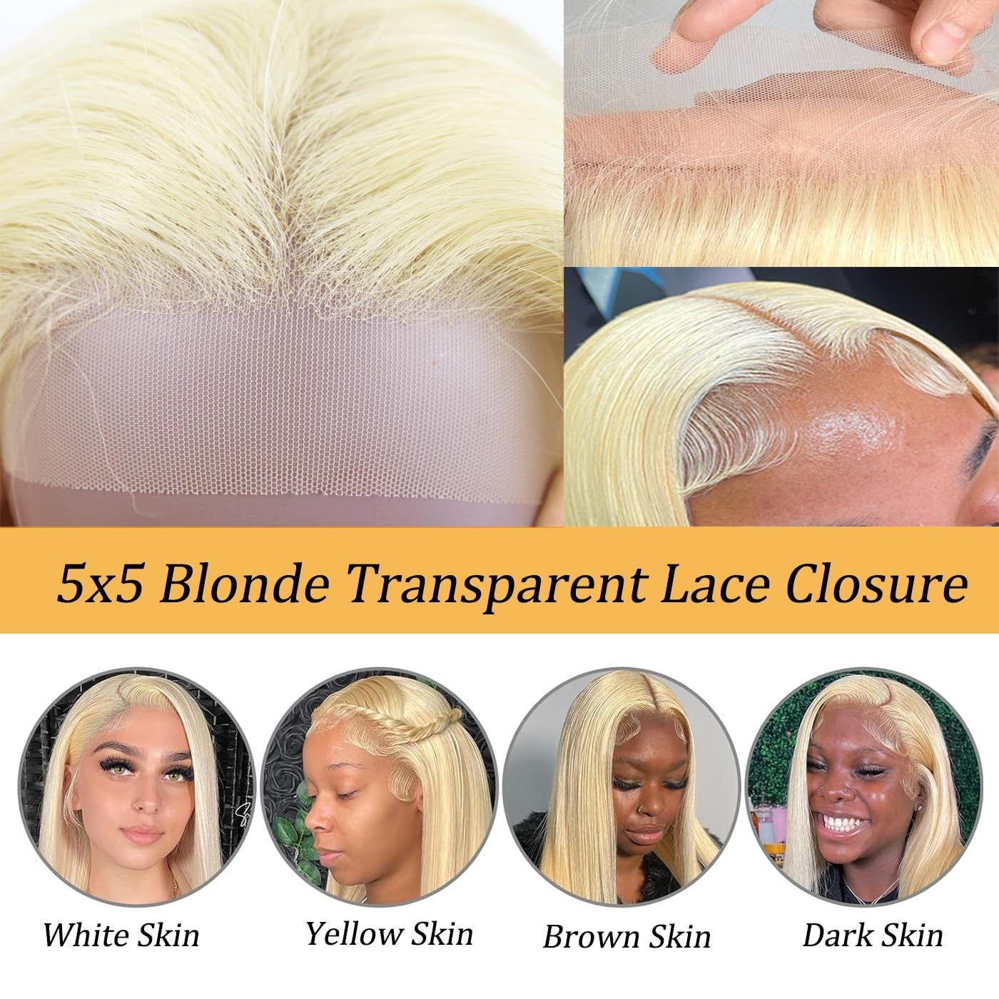 KAFEIER 613 Blonde 5x5 straight HD lace closure with baby hair, 100% human hair, 18-inch, soft and natural-looking hairpiece