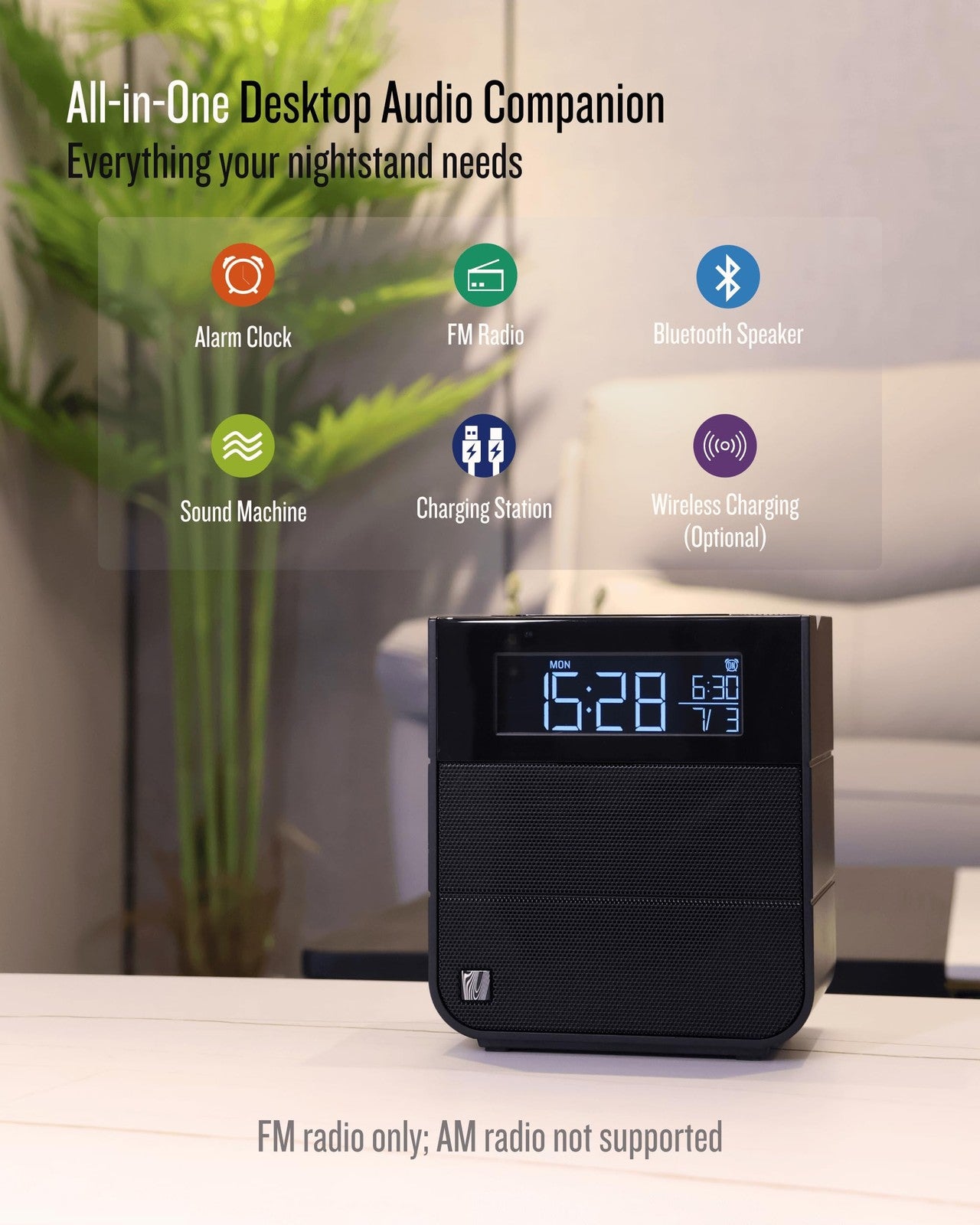 Soundfreaq Sound Rise II bedside alarm clock radio with Bluetooth speaker, digital display, and control buttons on top.