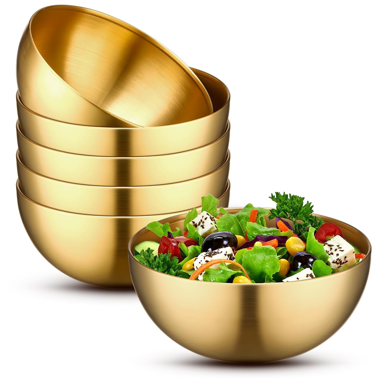 Set of six Nuogo gold stainless steel mixing bowls with decorative gold finish for stylish kitchen use.