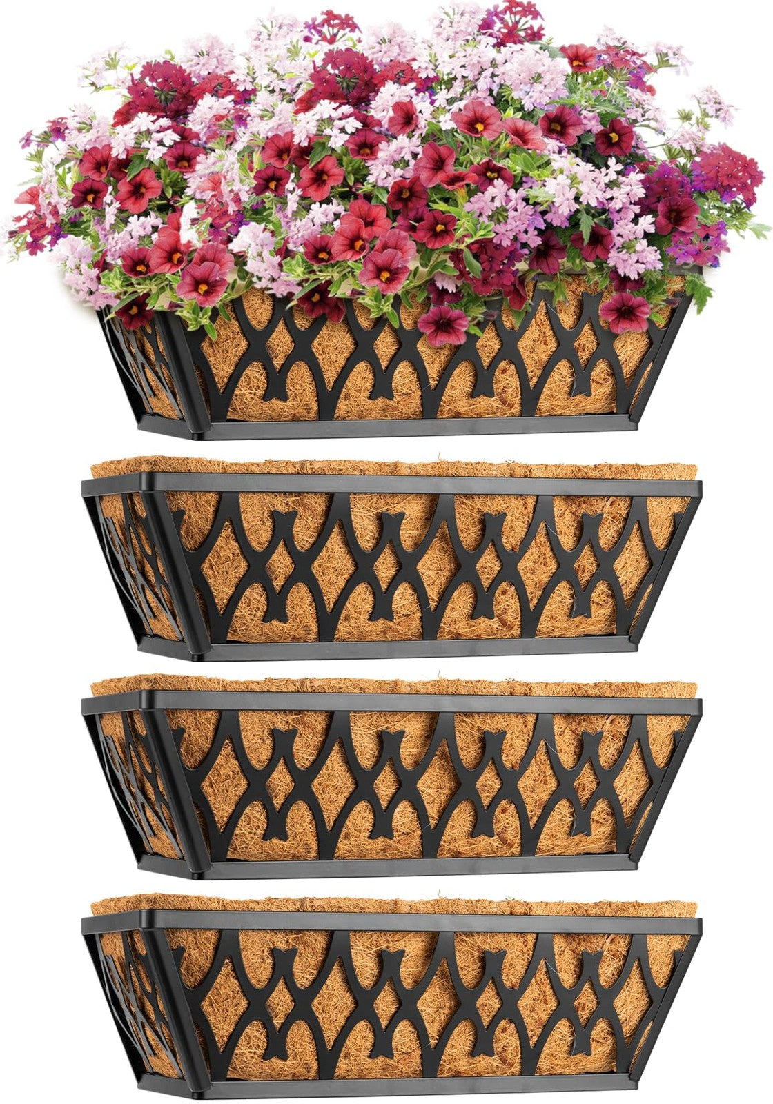 Set of four 14-inch Karlliu outdoor hanging window and railing planter boxes with coco liners for gardening and decoration.