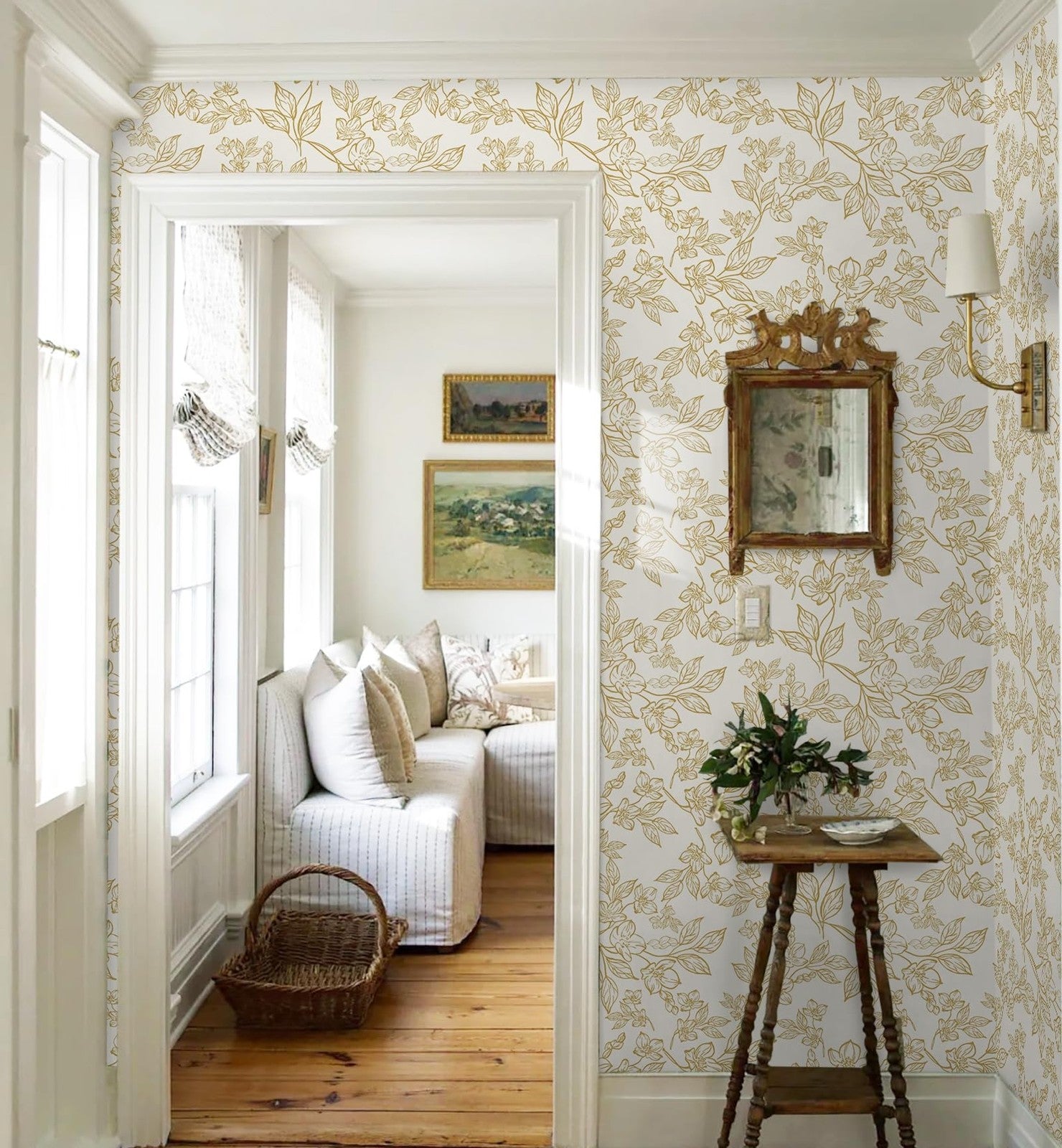 Ismoon floral peel and stick wallpaper featuring vintage beige and gold flower pattern for home décor.