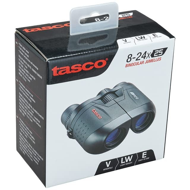 TASCO Essentials 8-24x25 binoculars with adjustable zoom and compact design, featuring textured grip for easy handling.