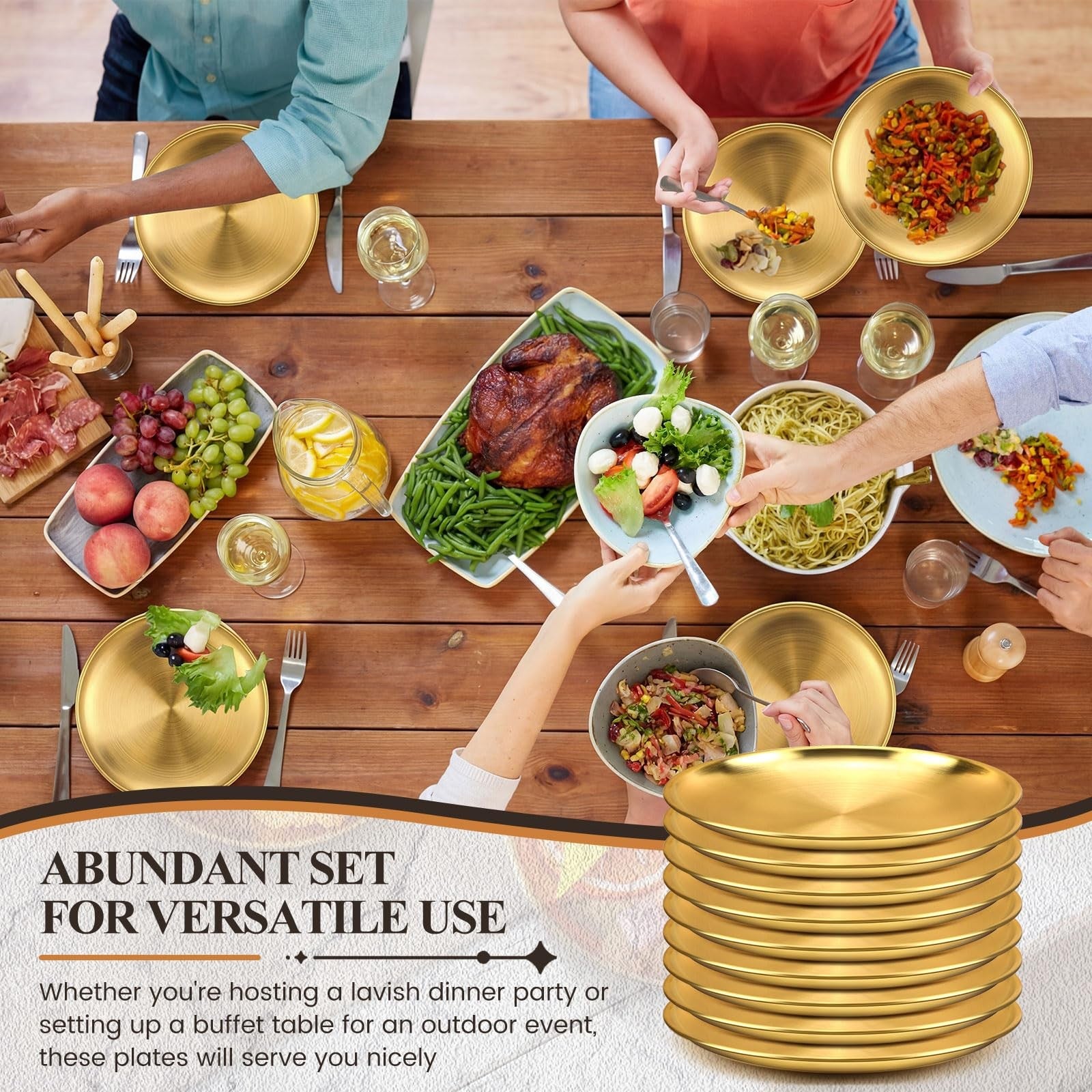 Nuogo 20-piece set of 9-inch stainless steel gold dinner plates, elegant metal serving plates for formal or casual dining.