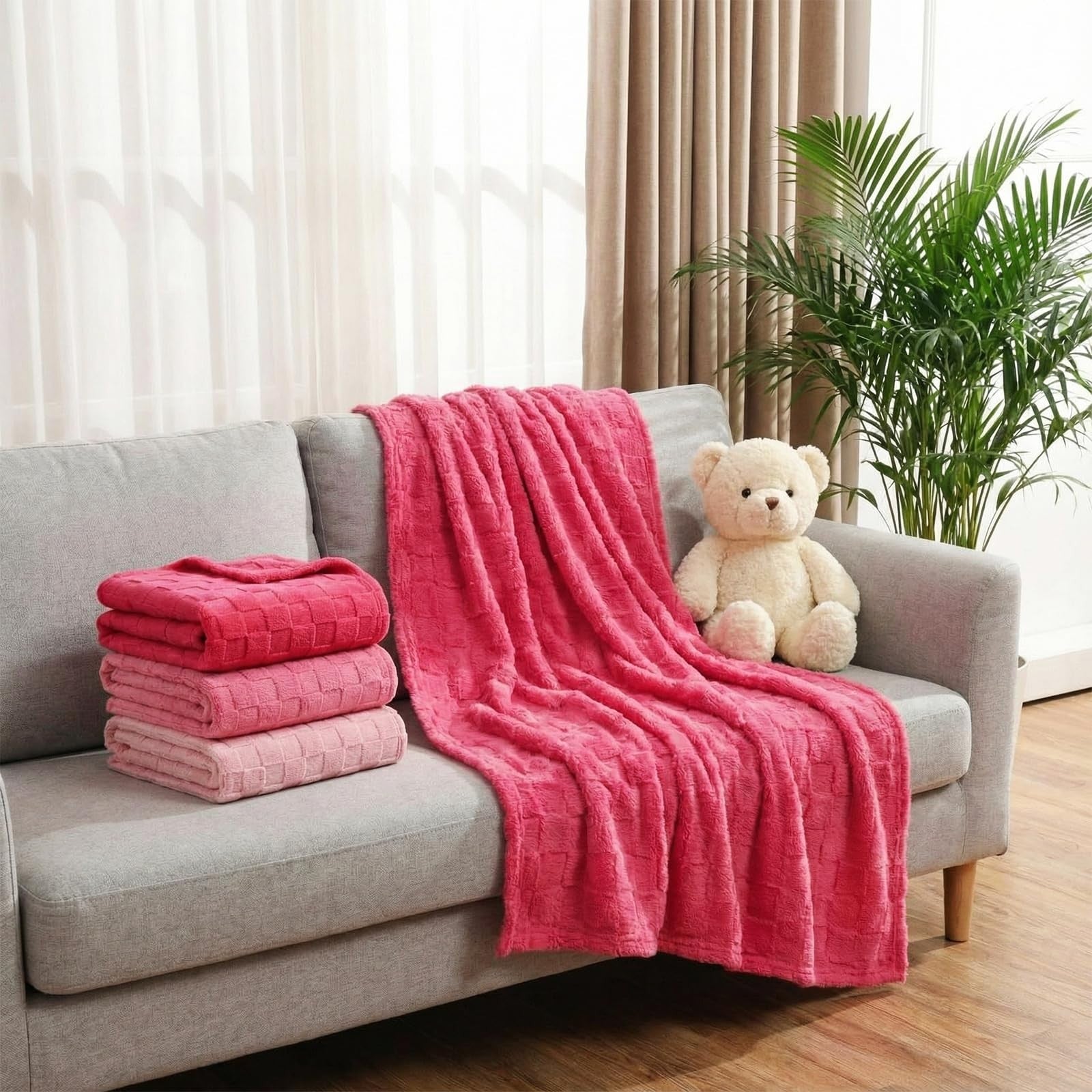Buryeah 6-pack fleece throw blankets, 50x60 inches, soft checkered design, cozy 3D pattern in a bulk set.