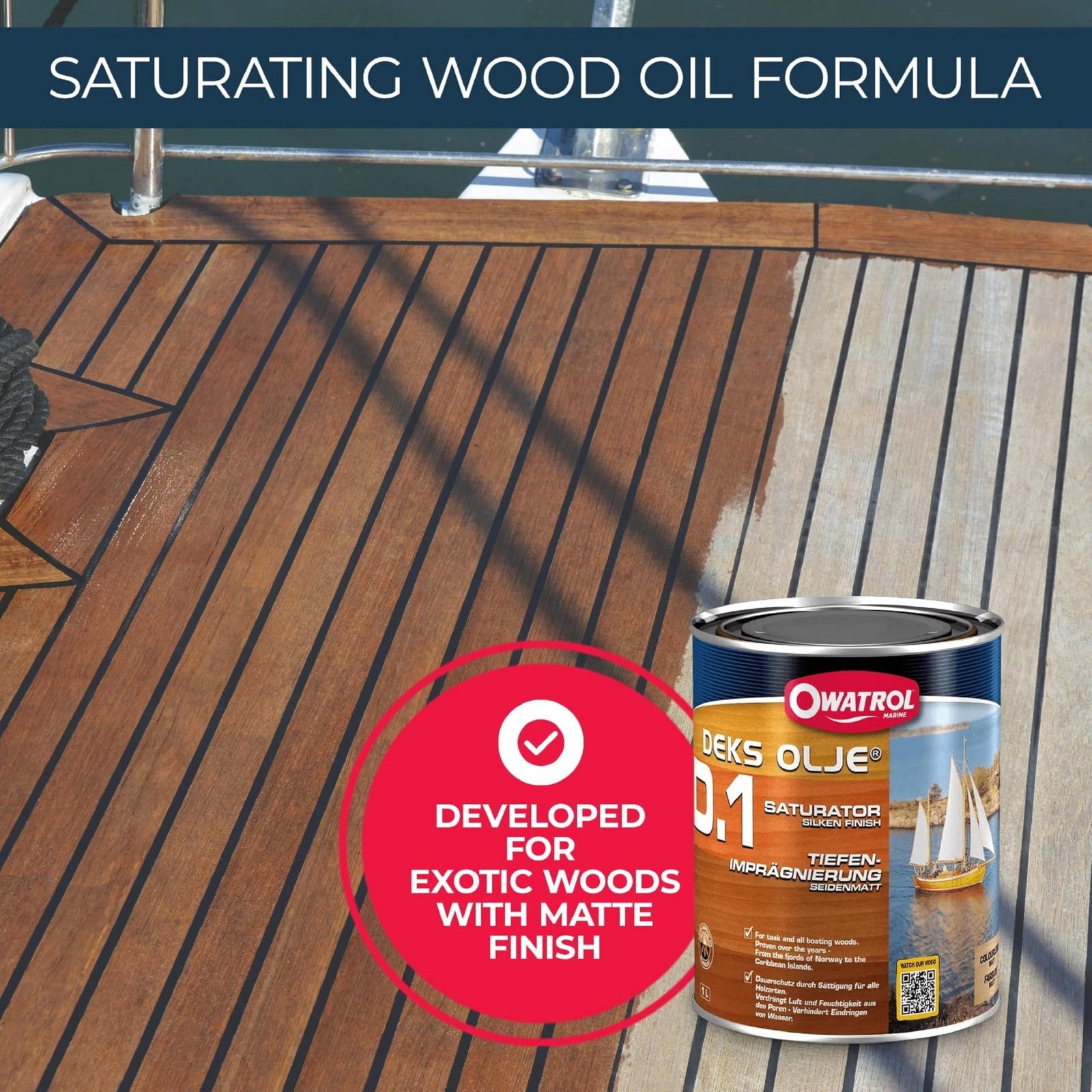 Owatrol D1 Exotic Wood Saturator in 34 oz bottle, featuring natural plant-based alkyd resins for wood protection and enhancement.