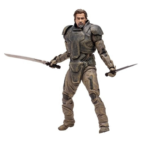 Four McFarlane Toys Dune Part Two action figures including Gurney Halleck, Paul Atreides, Chani, and Stilgar, detailed collectible figures.