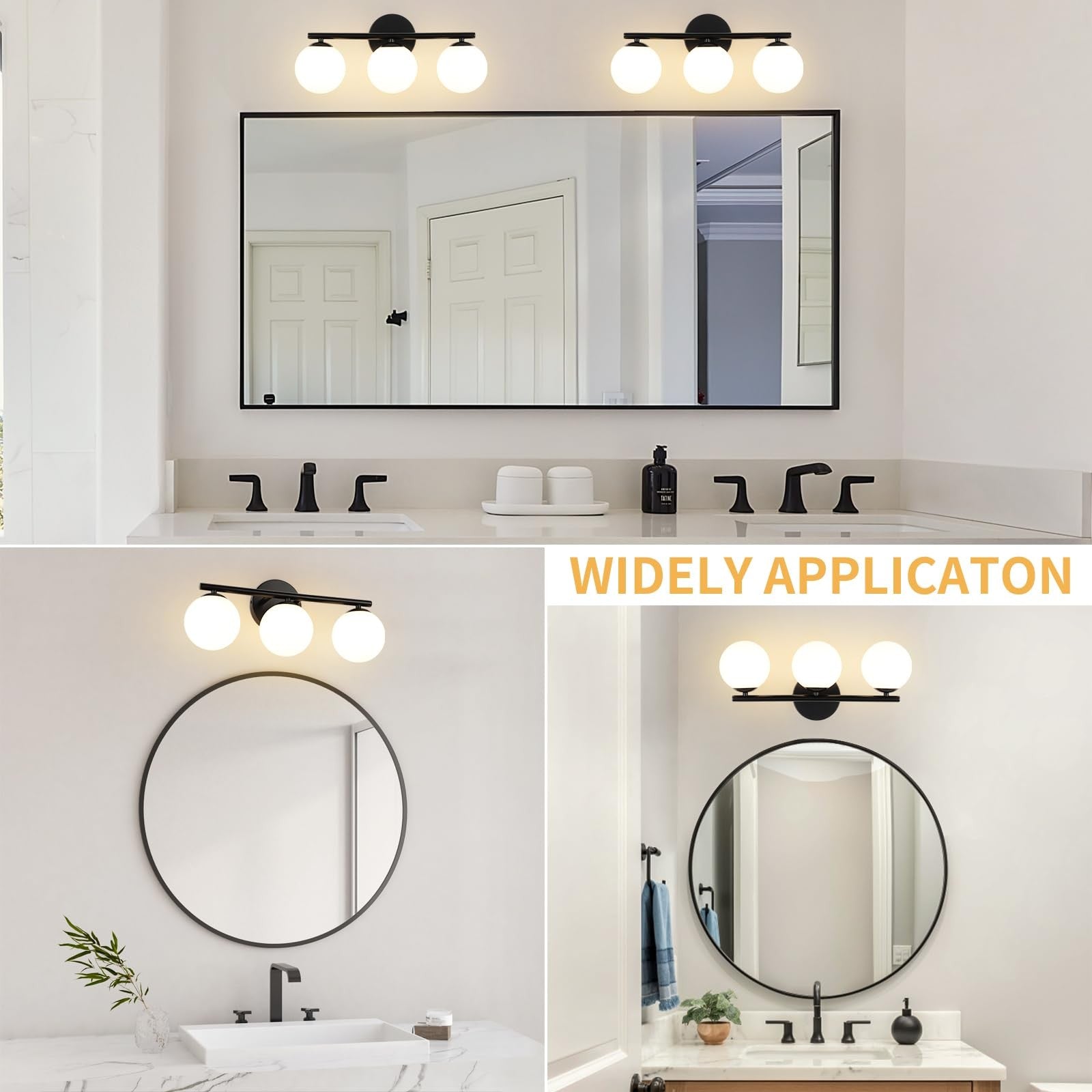 Foucasal black globe bathroom light fixture with three plastic globe bulbs and modern design for vanity lighting.