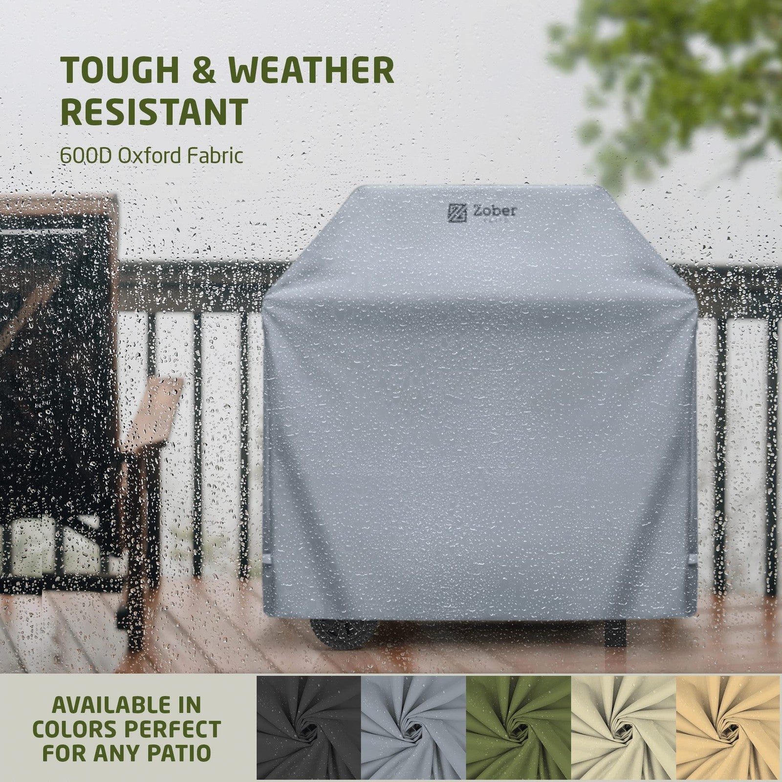 Waterproof 64-inch Zober BBQ grill cover with double layers, designed to fit Weber gas grills, shown covering the grill.
