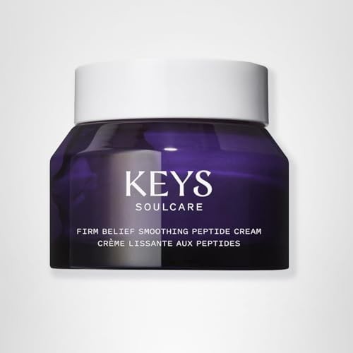 Keys Soulcare Firm Belief Smoothing Peptide Cream jar with white lid, showcasing the skincare product for reducing fine lines.