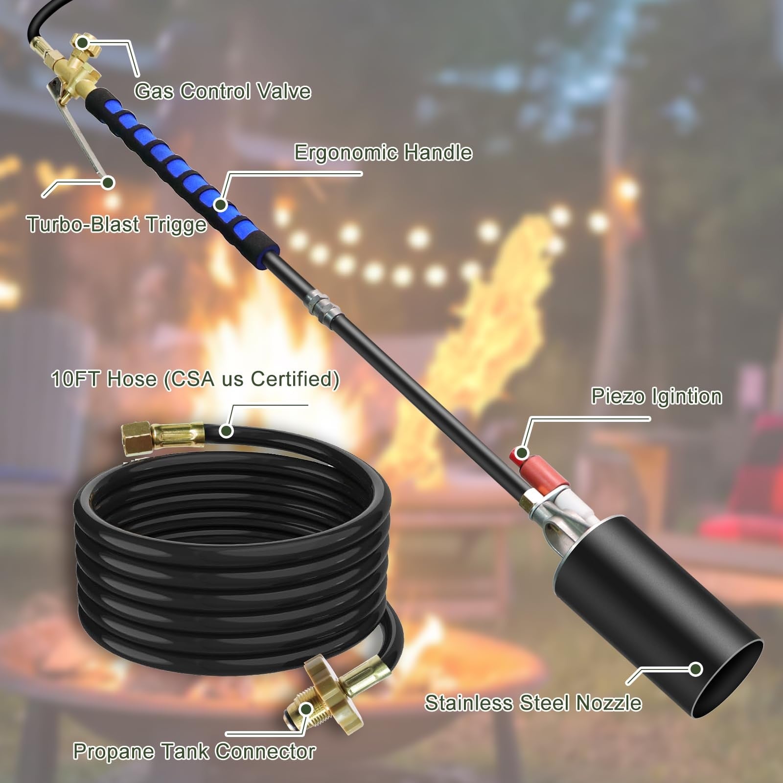 ROIKETU propane weed torch with self-ignition and flame control, outdoor weed burner for garden weed removal.