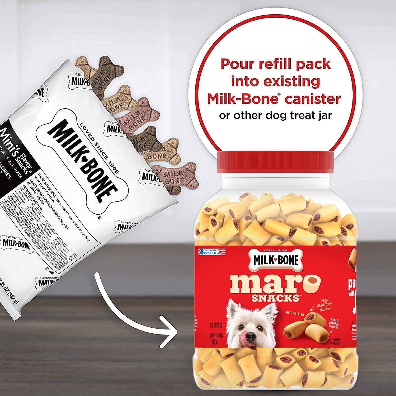 Milk-Bone MaroSnacks dog treats bundle with 40-ounce canister and two refill packs, showing the treat canister and refill bags.