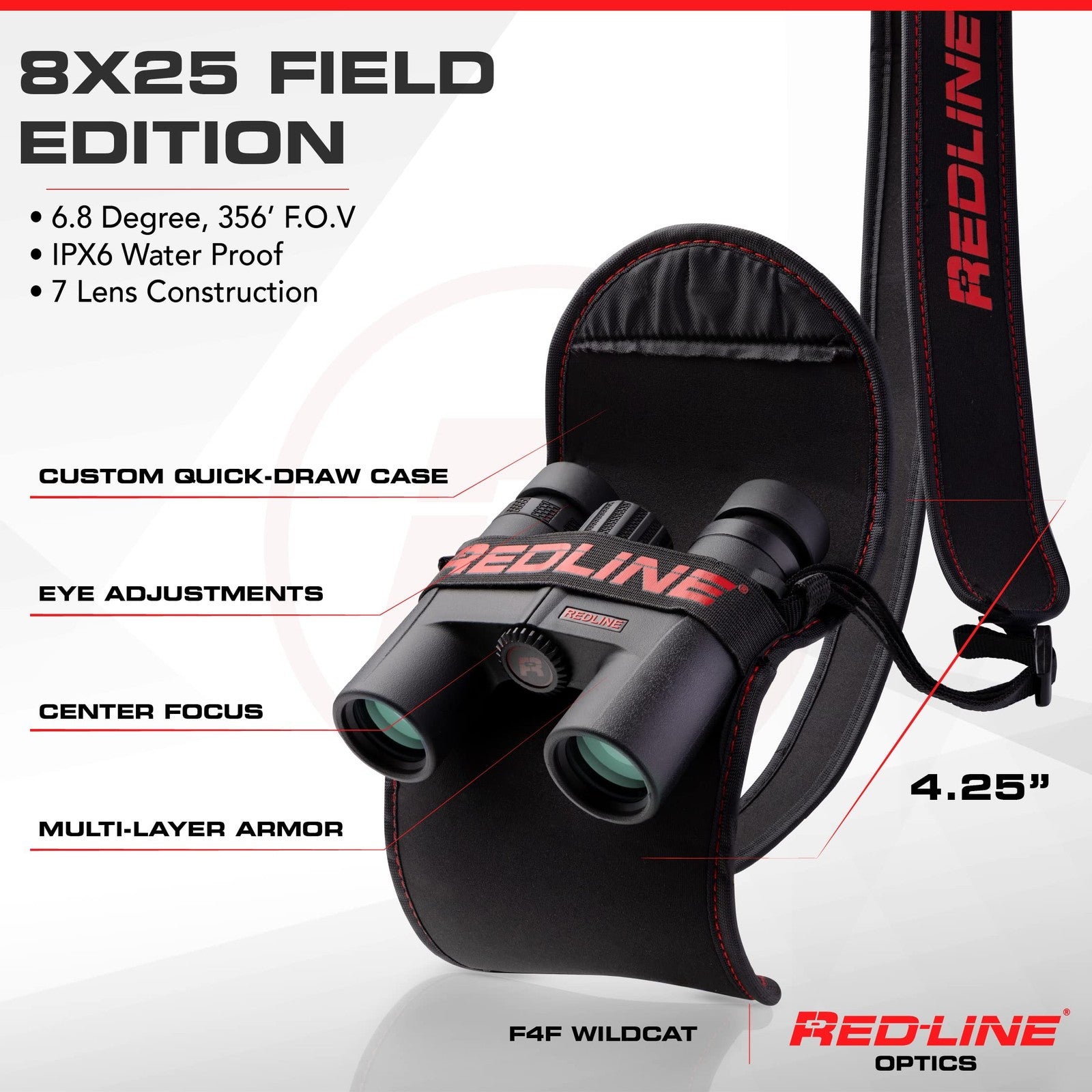 Red-Line Optics F4F Wildcat 8x25 binoculars with 7 prism for hiking and hunting, featuring a compact red design and adjustable focus.