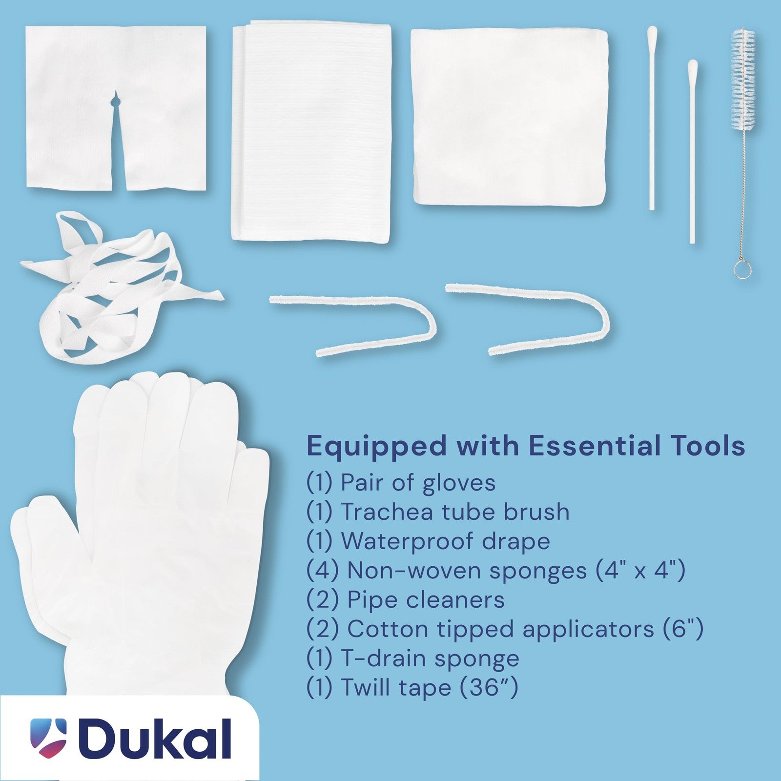 Sterile Dukal Trach Care Kit with 20 packs, including tracheostomy supplies and accessories for medical use.