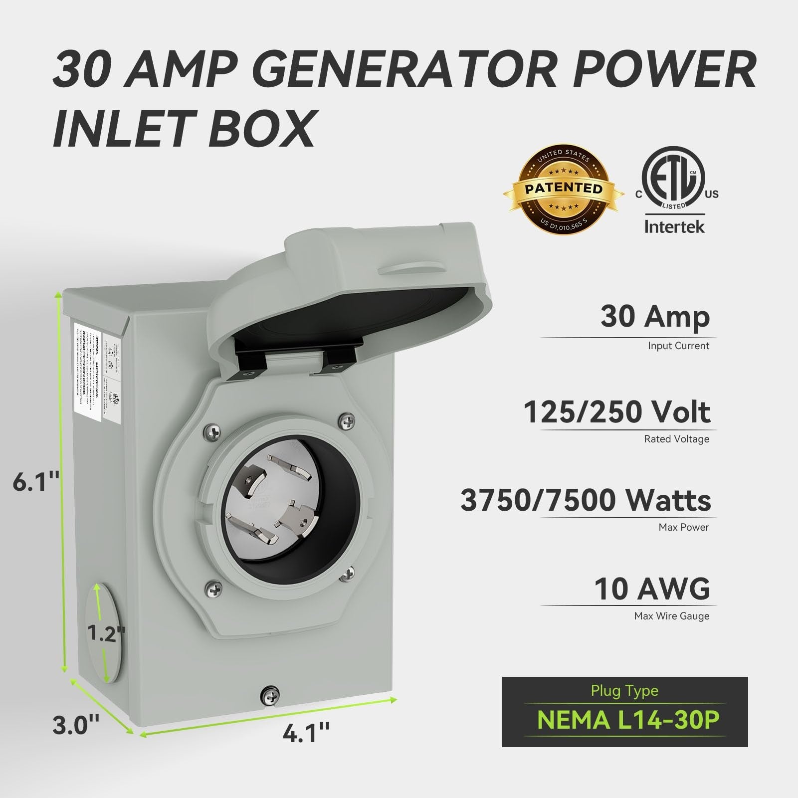 Unbranded NEMA L14-30P power inlet for generators, 30 Amp pre-drilling generator inlet with four prongs for RV and power connection.