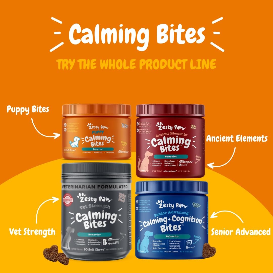 Zesty Paws Advanced Calming Soft Chews for Dogs, featuring natural ingredients for relaxation and stress relief.