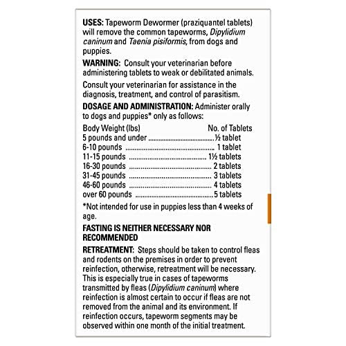 Elanco tapeworm dewormer praziquantel tablets for dogs and puppies, 5-count packaging, showing tablets and label.