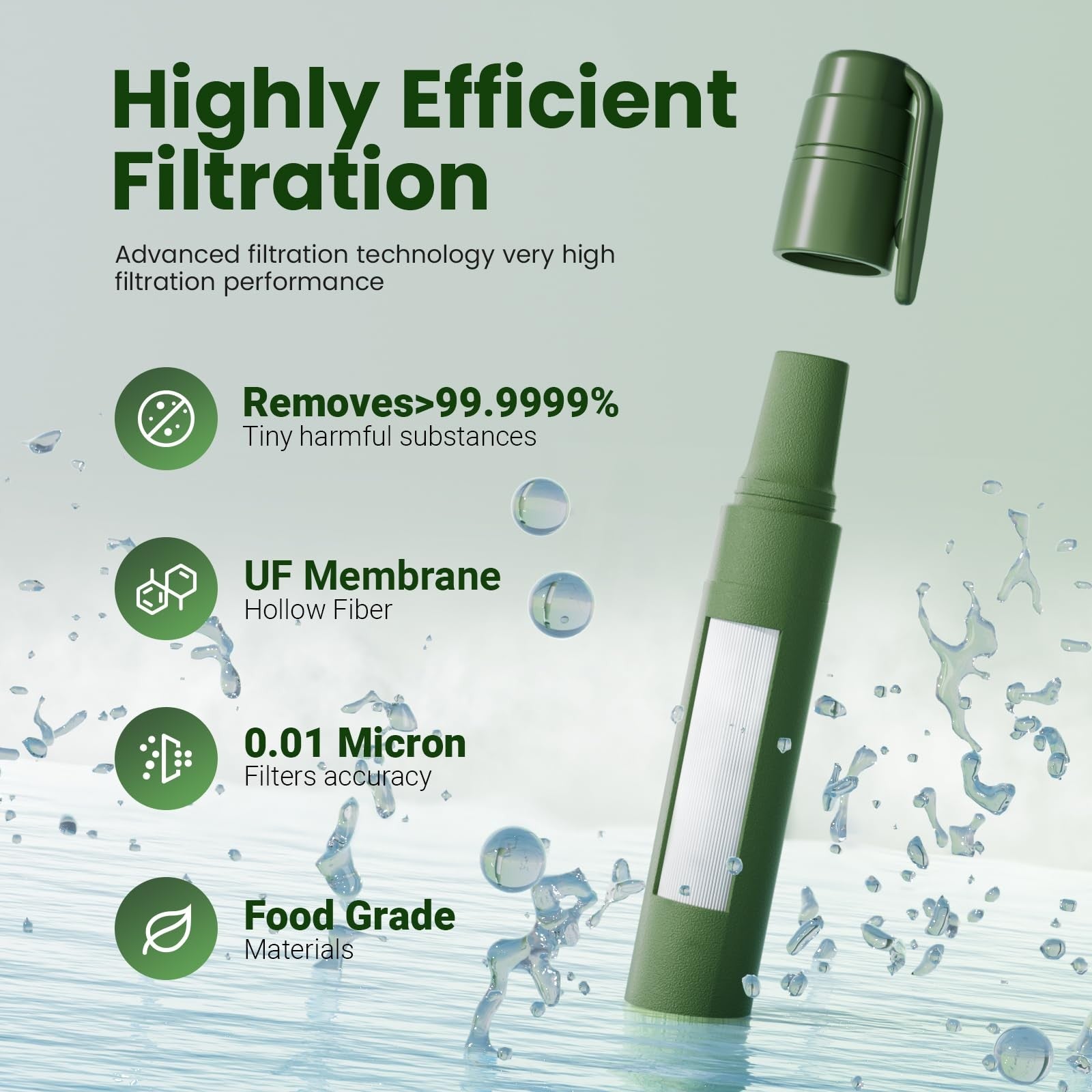Joypur camping water filtration straw showing a portable personal water filter for outdoor survival and hydration.