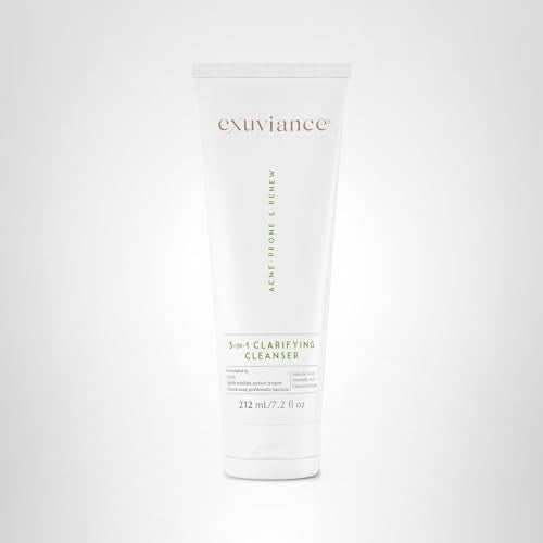 EXUVIANCE 3-in-1 Clarifying Anti-Aging Cleanser for acne-prone skin with salicylic acid, showing the cleanser tube and product packaging.