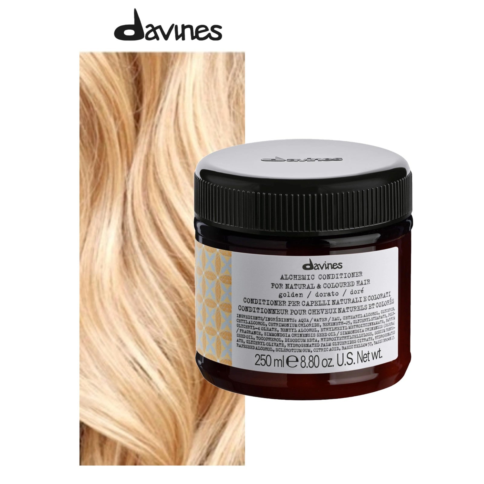 Davines Alchemic Conditioner Golden, color-depositing cream for golden blonde hair, with rich creamy texture and golden hue.