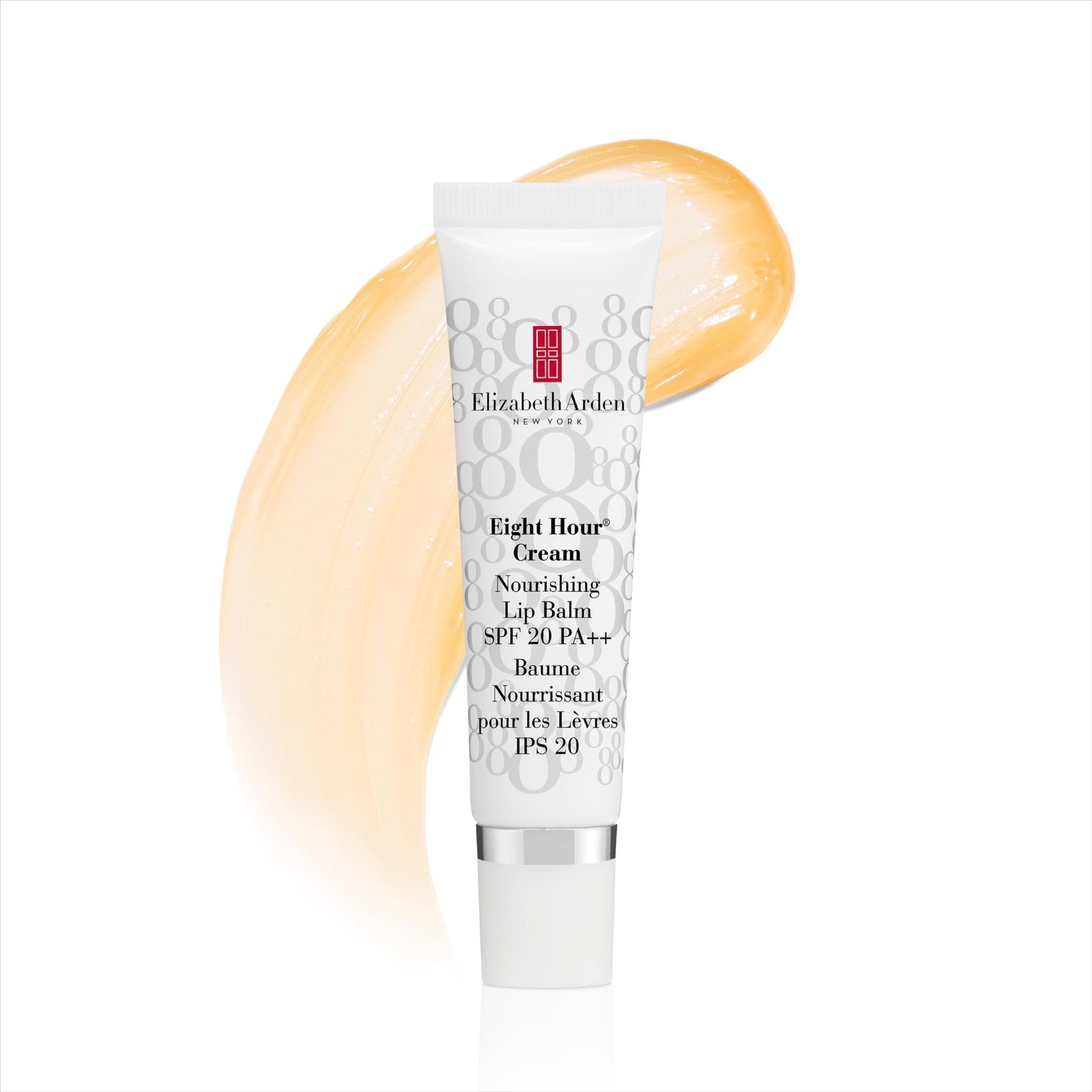 Elizabeth Arden Eight Hour Cream Nourishing Lip Balm with SPF 20, featuring a sleek tube and smooth balm texture for moisturizing lips.