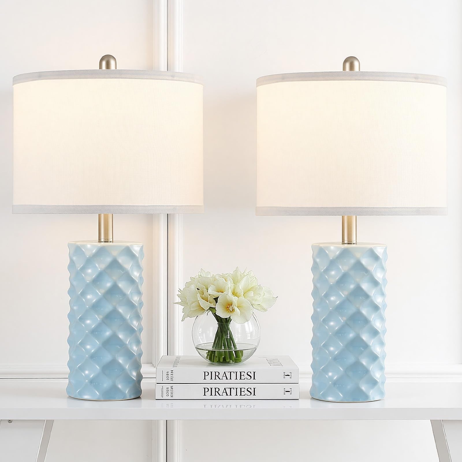 Sky blue ceramic table lamps with star diamond patterns, set of 2, modern 23-inch luxe design by BLHDZJR.