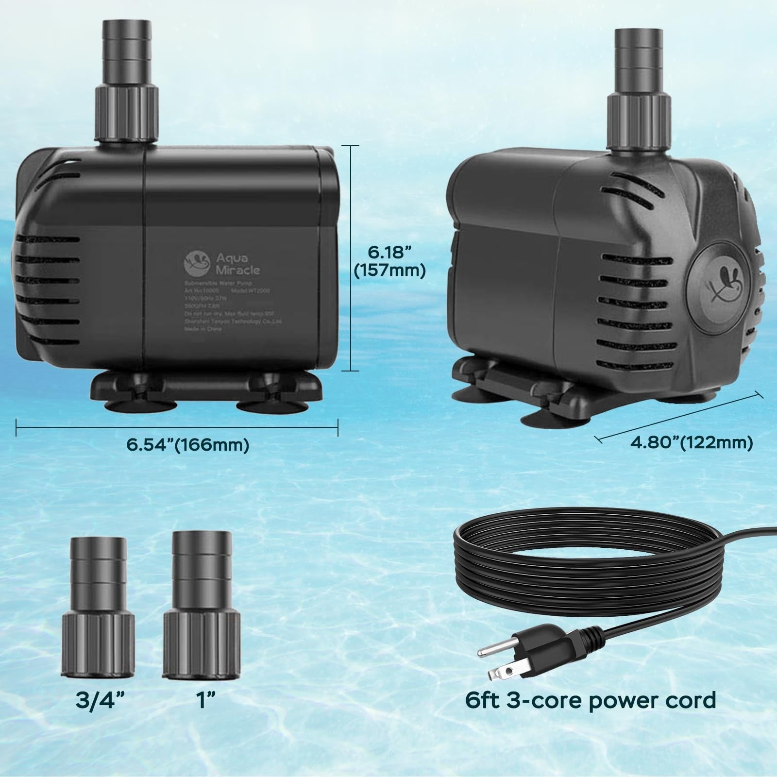 AquaMiracle 1160 GPH submersible water pump with high lift for ponds and aquariums, showing the pump submerged in water.