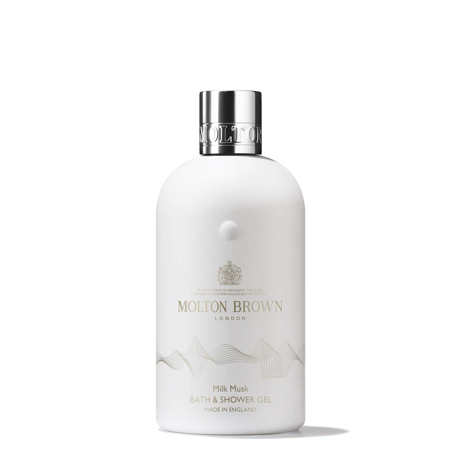 Molton Brown Milk Musk Body Wash in a 10 fl. oz. pump bottle, featuring a sleek design and creamy white liquid inside.