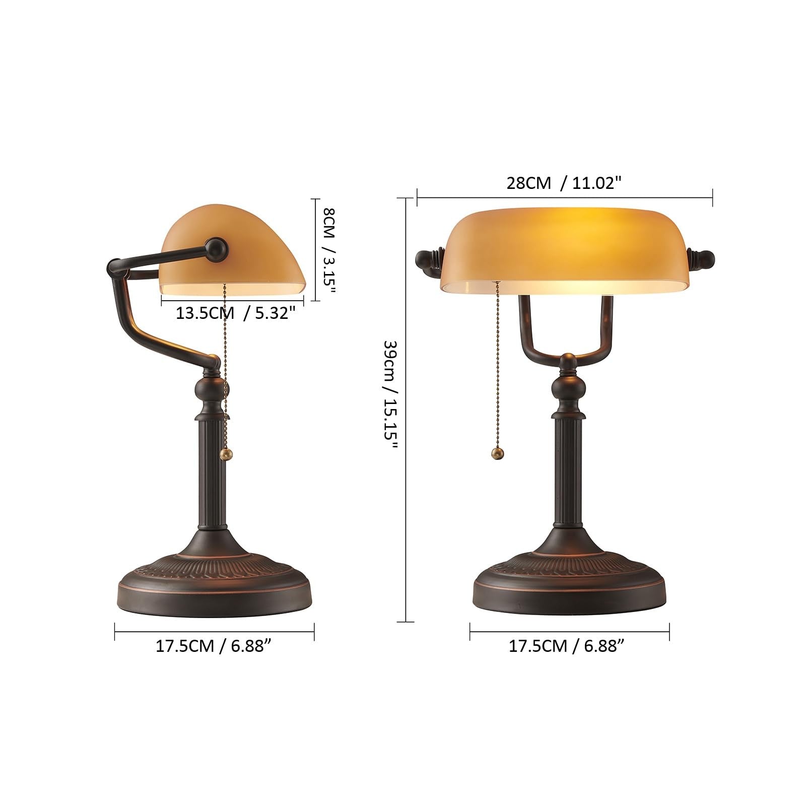 Newrays orange glass bankers desk lamp with matted finish, pull chain switch, and plug-in fixture for office or study lighting.