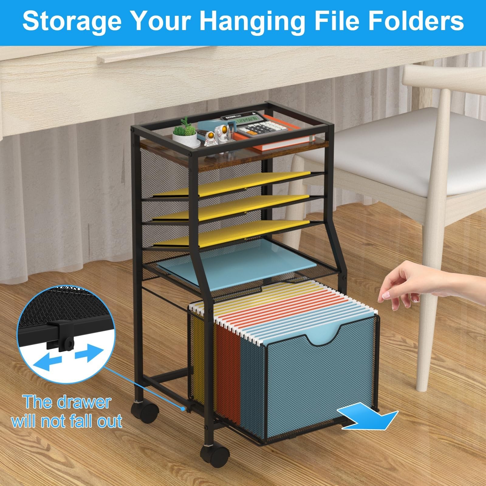 BOHDK 6-tier rolling file cart desk organizer with lockable wheels in brown wood finish, featuring multiple storage compartments.