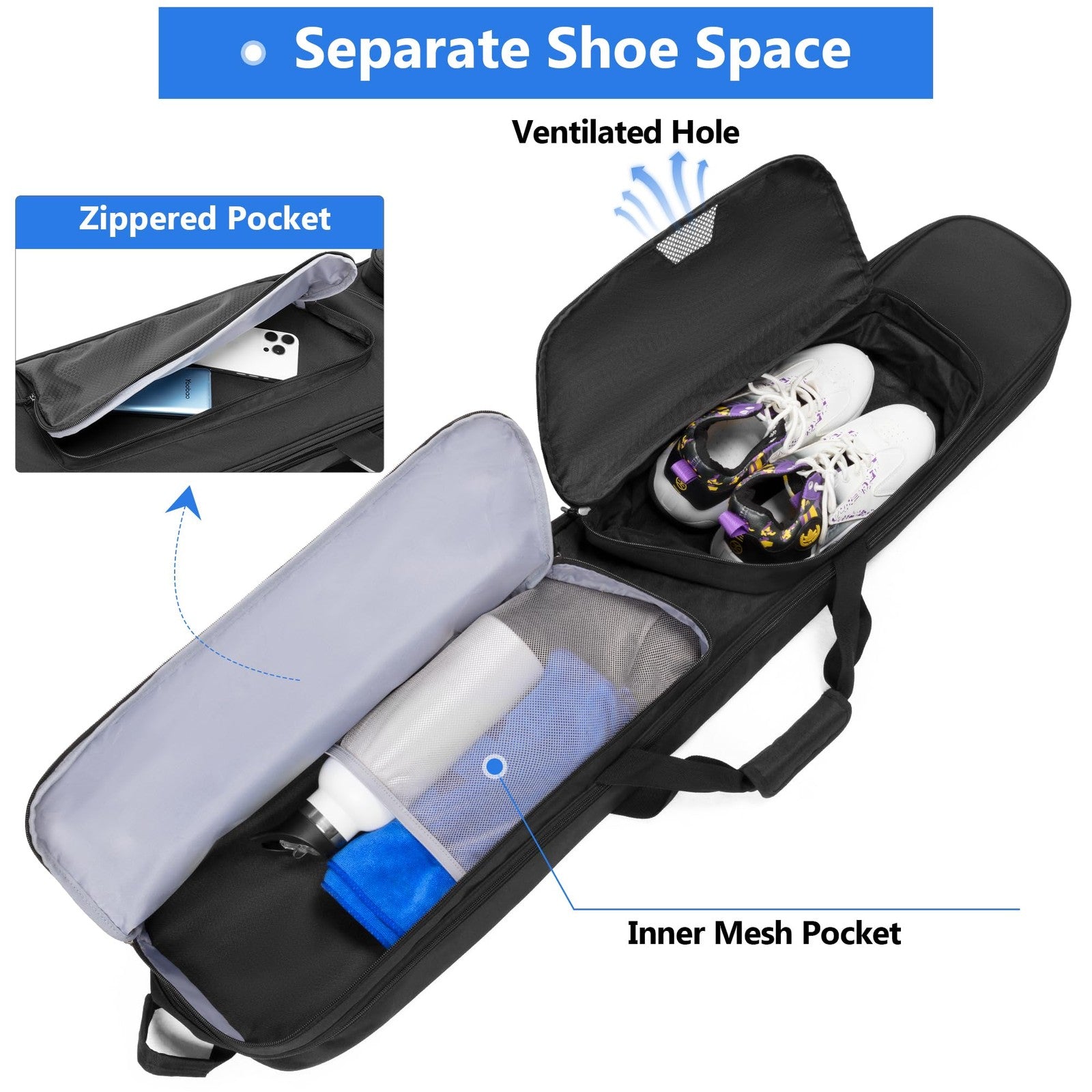 DSLEAF padded lacrosse stick bag with space for 2 sticks and gear, featuring a separate shoe compartment for organized storage.