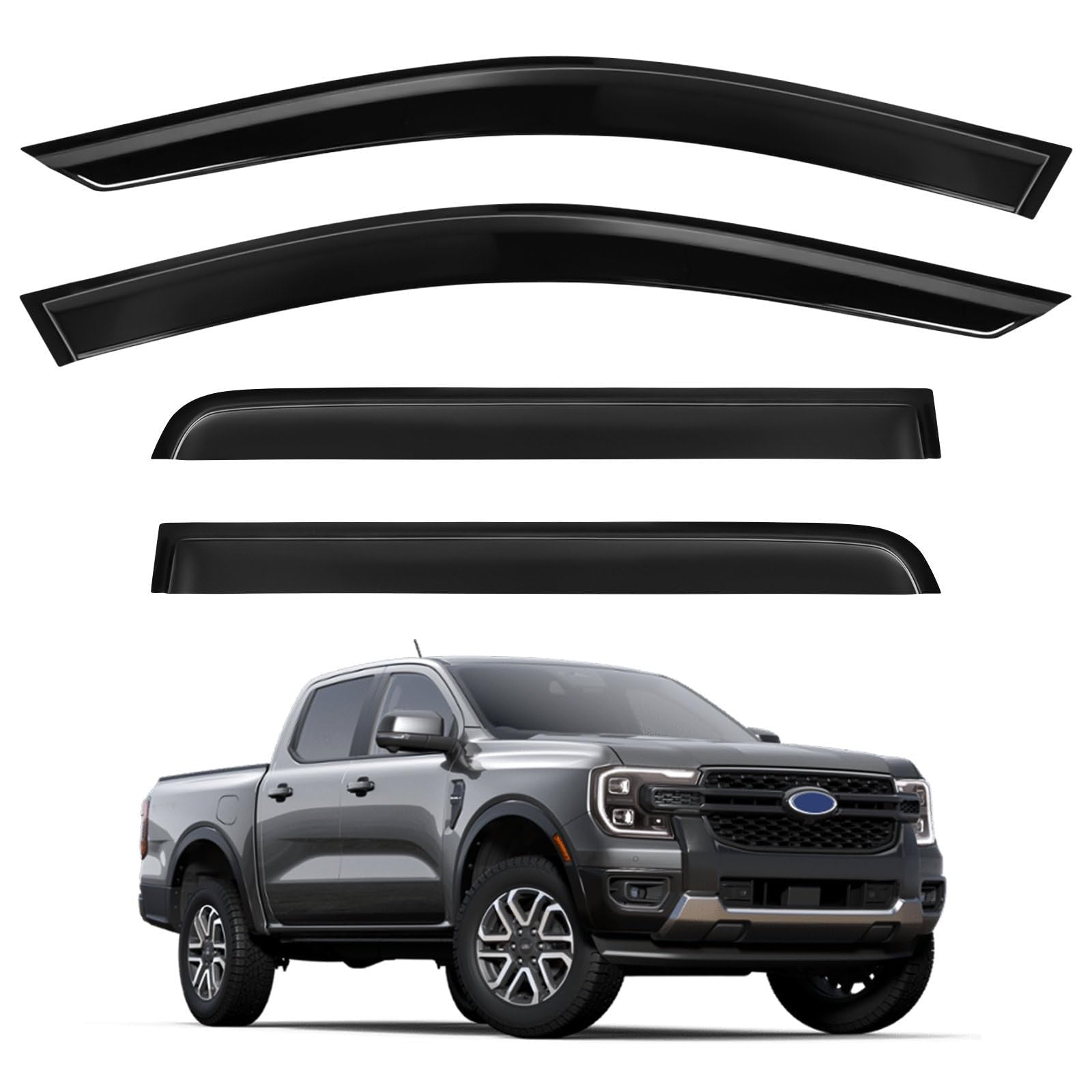 TECHPICCO tape-on rain guards for Ford Ranger 2024-2026 side windows, showing the black deflector strips attached to the vehicle.