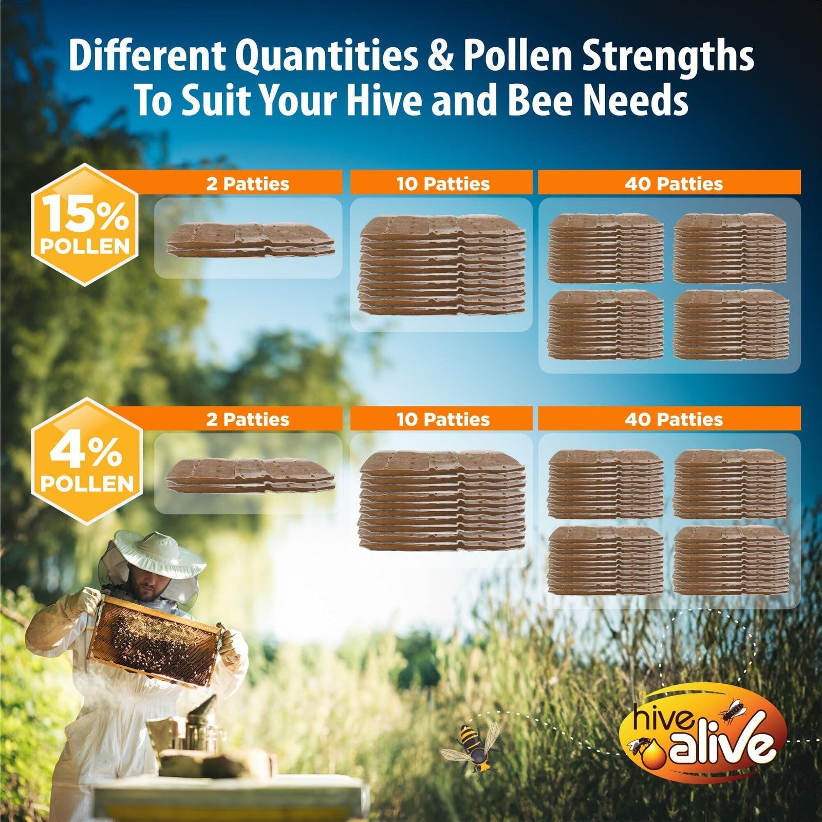 Hive Alive pollen patty for honey bees, 10 lb pack, showing 10 individual bee food pollen patties on a white background.