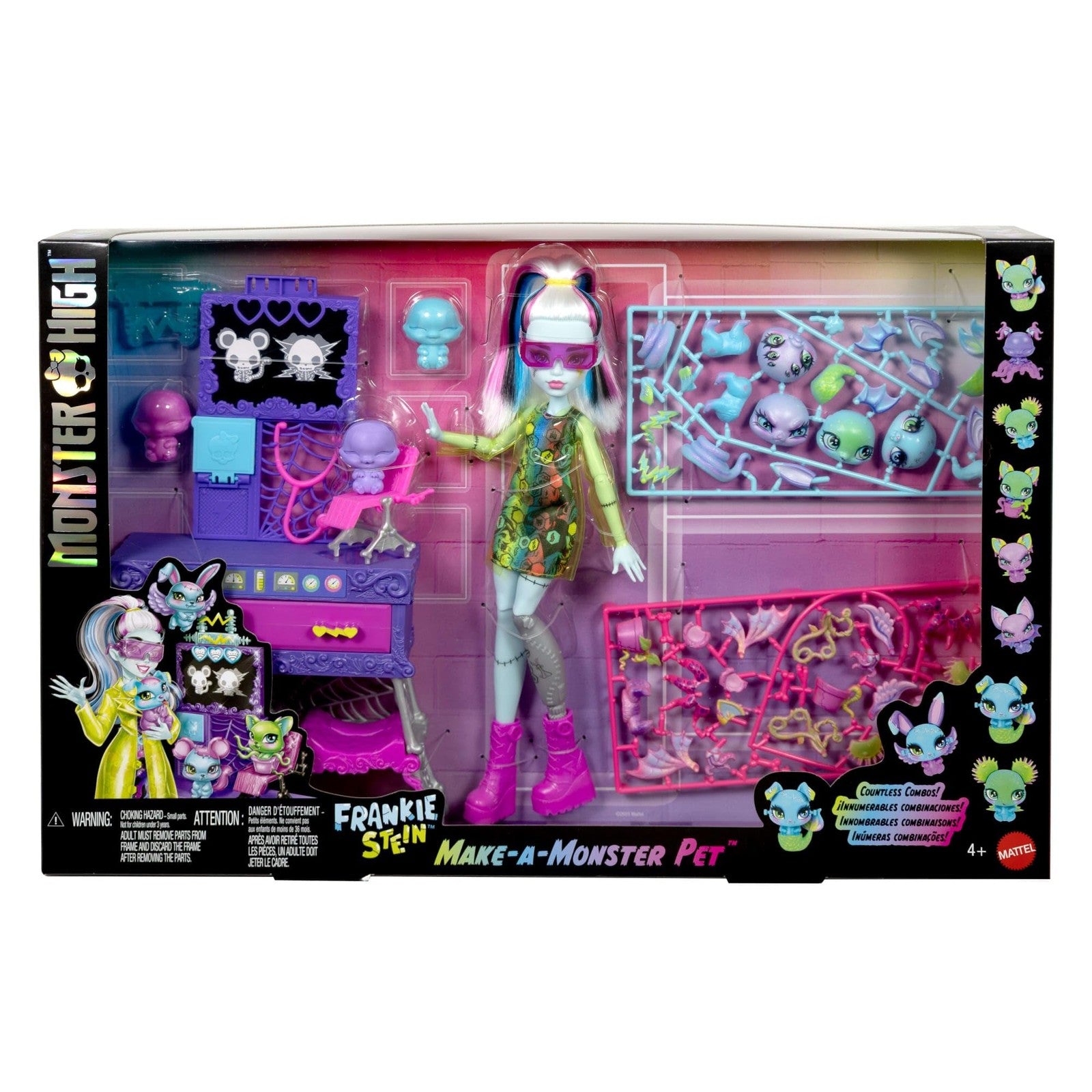 Monster High Make-A-Monster Pet Playset featuring Frankie Stein doll and over 30 accessories for creative play.
