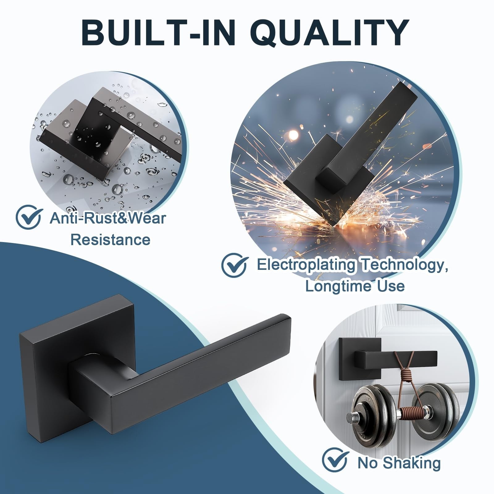 Set of four KNOBWELL matte black square interior door handles, modern dummy door knobs for interior doors.