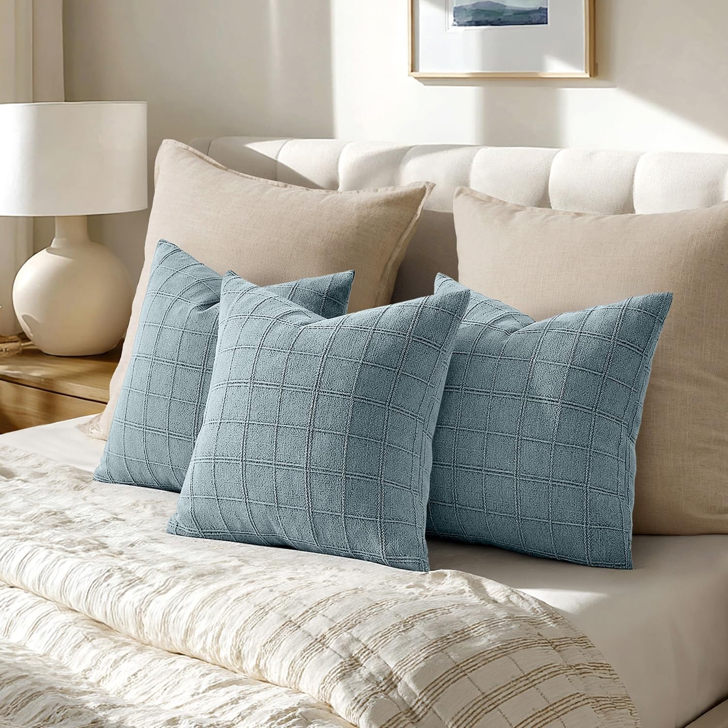 Woaboy linen check throw pillow cover in blue gray with farmhouse modern boho vintage style, featuring a rustic check pattern.