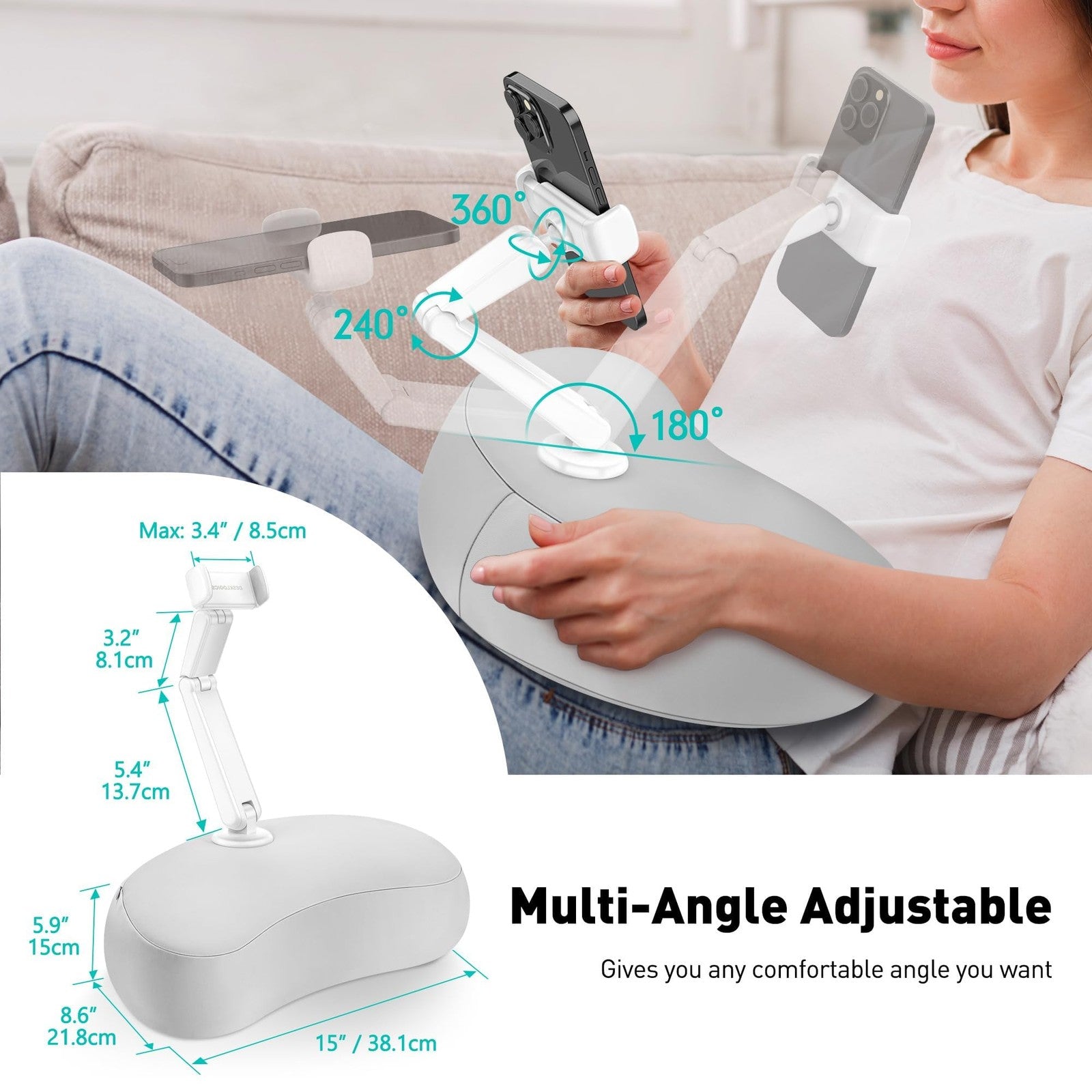 Flexible arm pillow phone holder for bed, with 360-degree rotating design, supports smartphones comfortably during use.